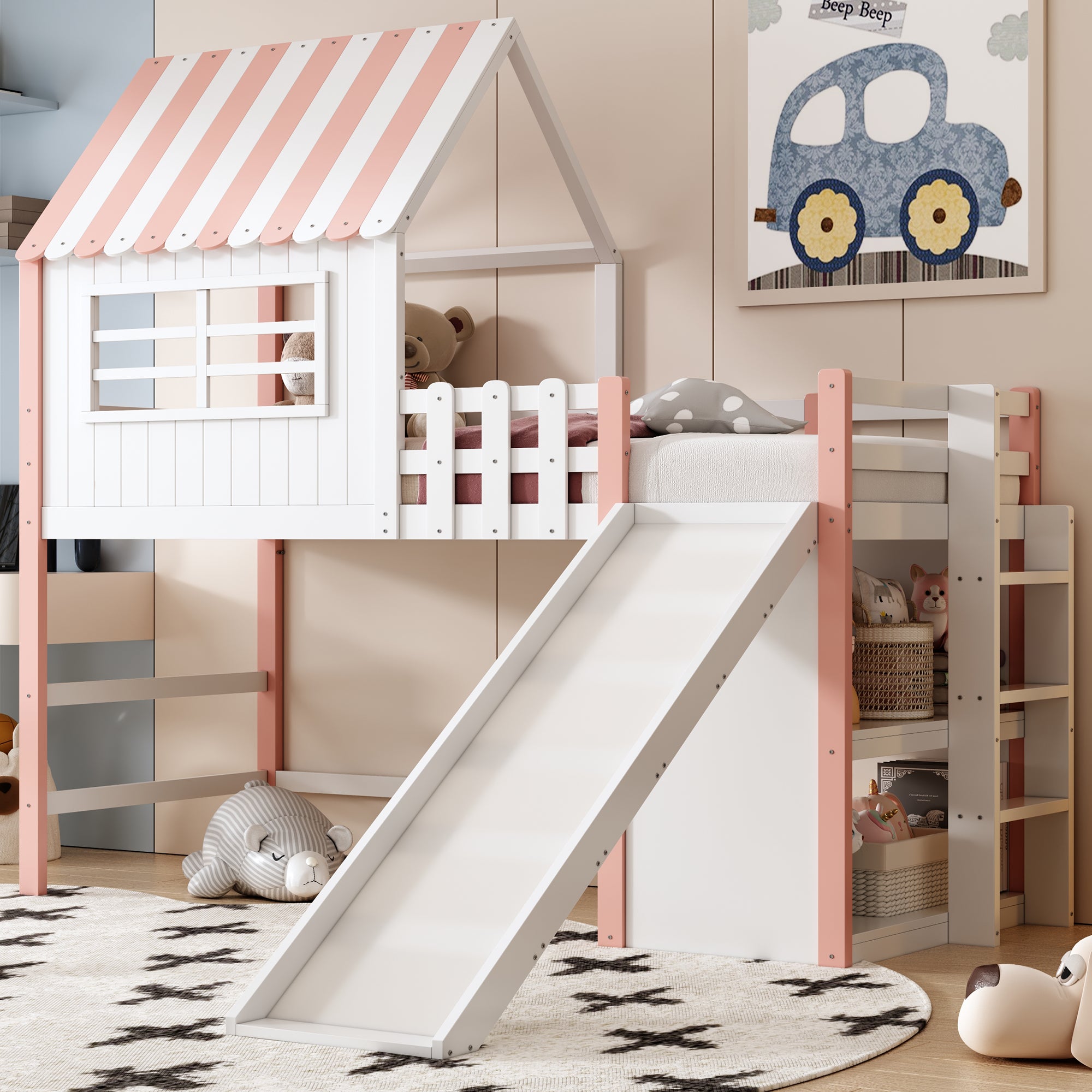 Children's Bed, Attic Design with Safety Ladder & Slide, Multi-Level Storage, Solid Wood, Pink