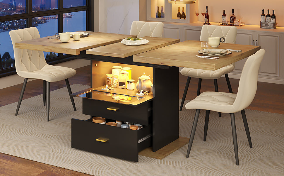 Extendable Dining Table 110-140cm LED Lighting Wooden Finish