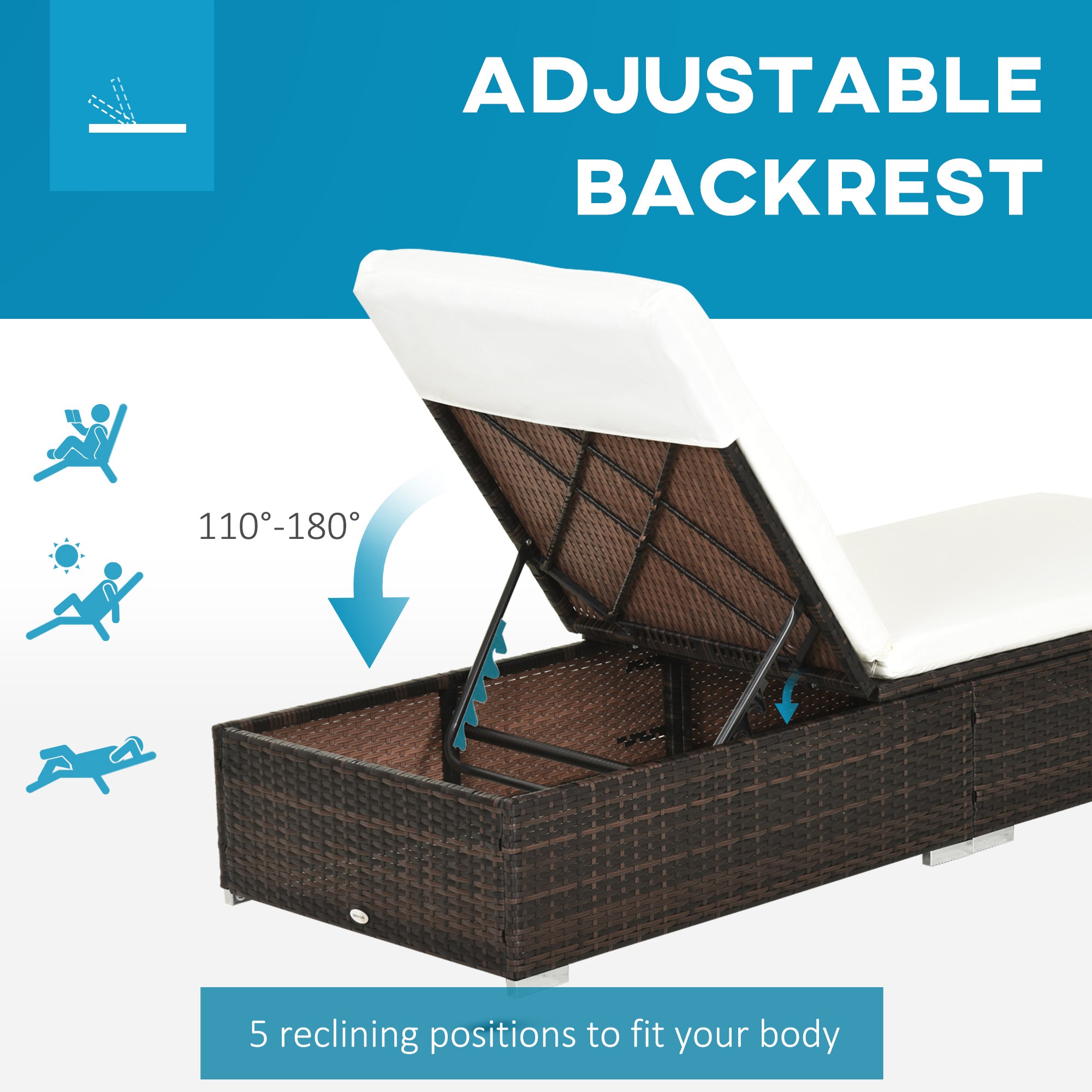 PE Rattan Sun Lounger, Five-level Adjustable Recliner with Padded Cushion, Mixed Brown