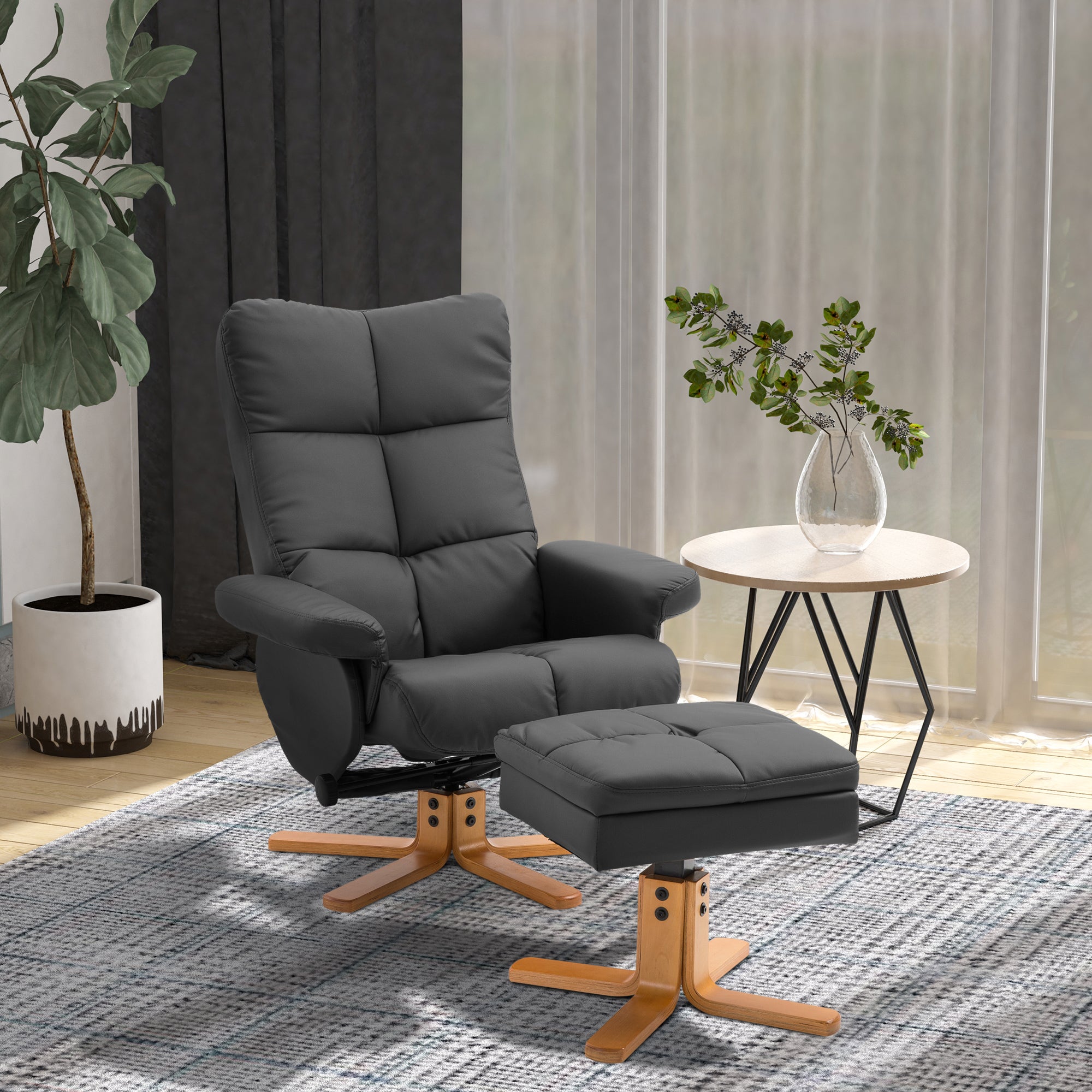 Reclining Armchair with Footstool, 360° Swivel TV Armchair, PU Leather Black