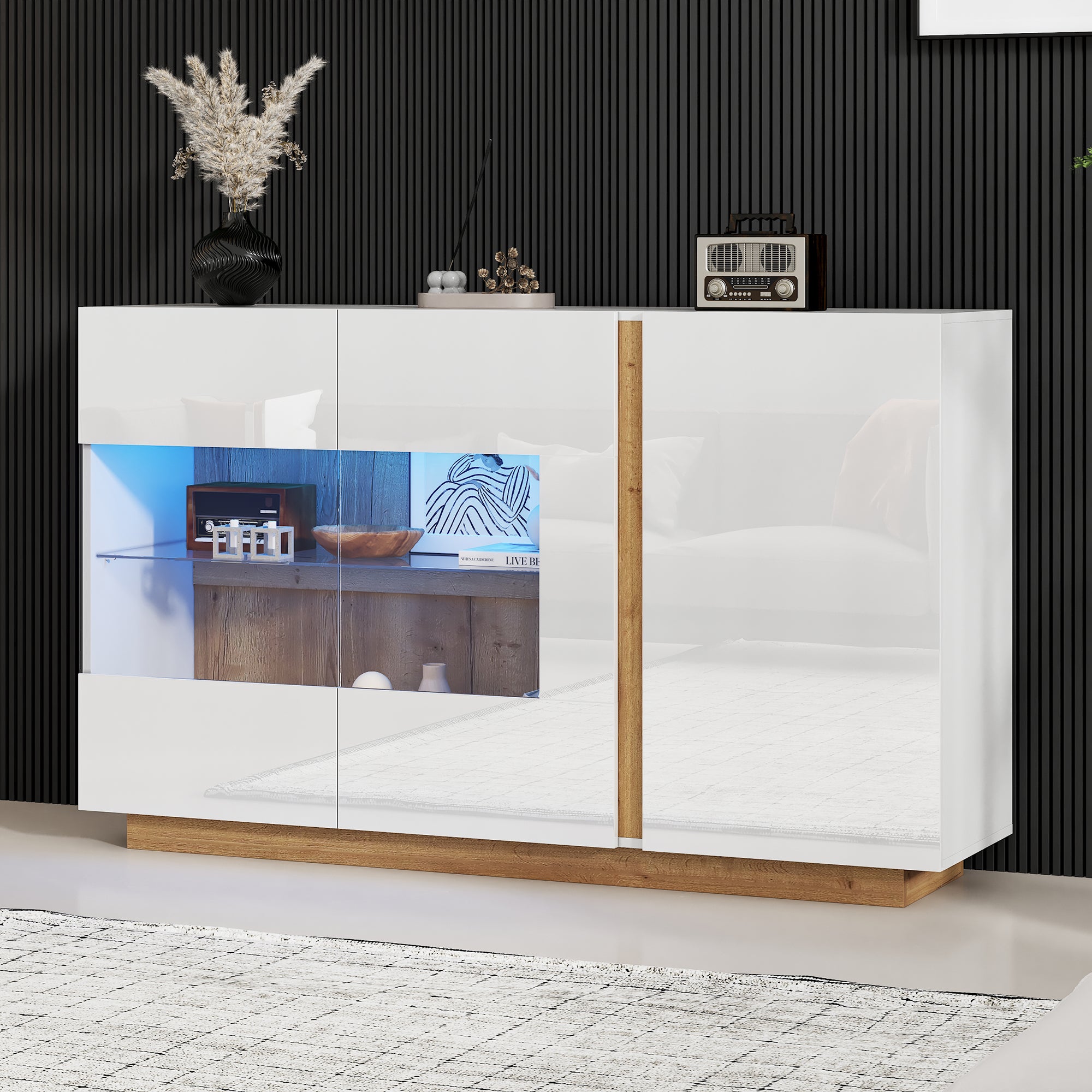 Sideboard High Gloss Chest of Drawers, White Chipboard with Glass