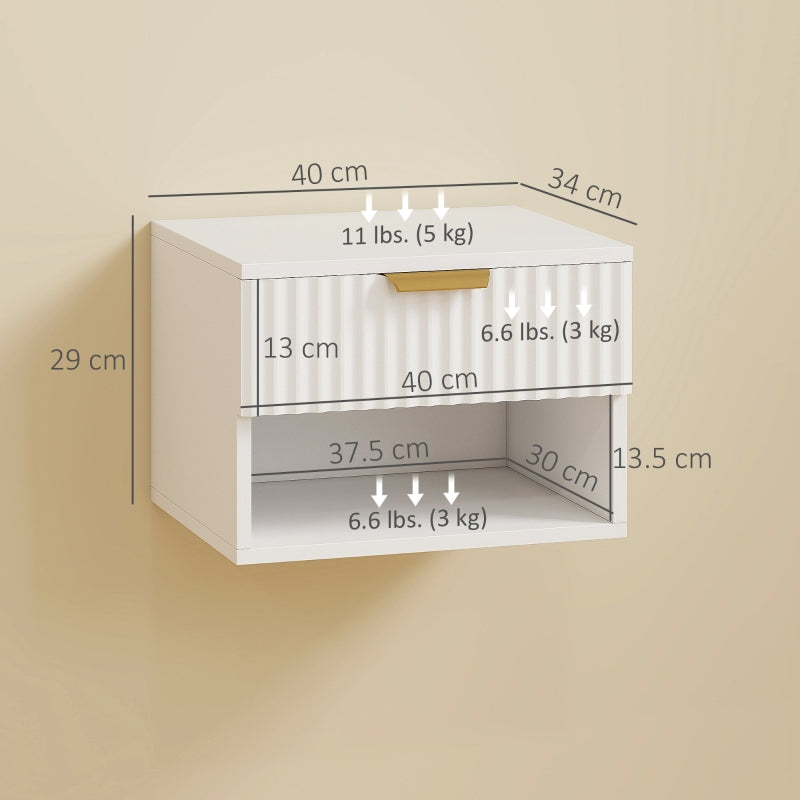 Floating Nightstands Set of 2, Wall Mounted Bedside Tables with Fluted Drawer and Open Shelf, White