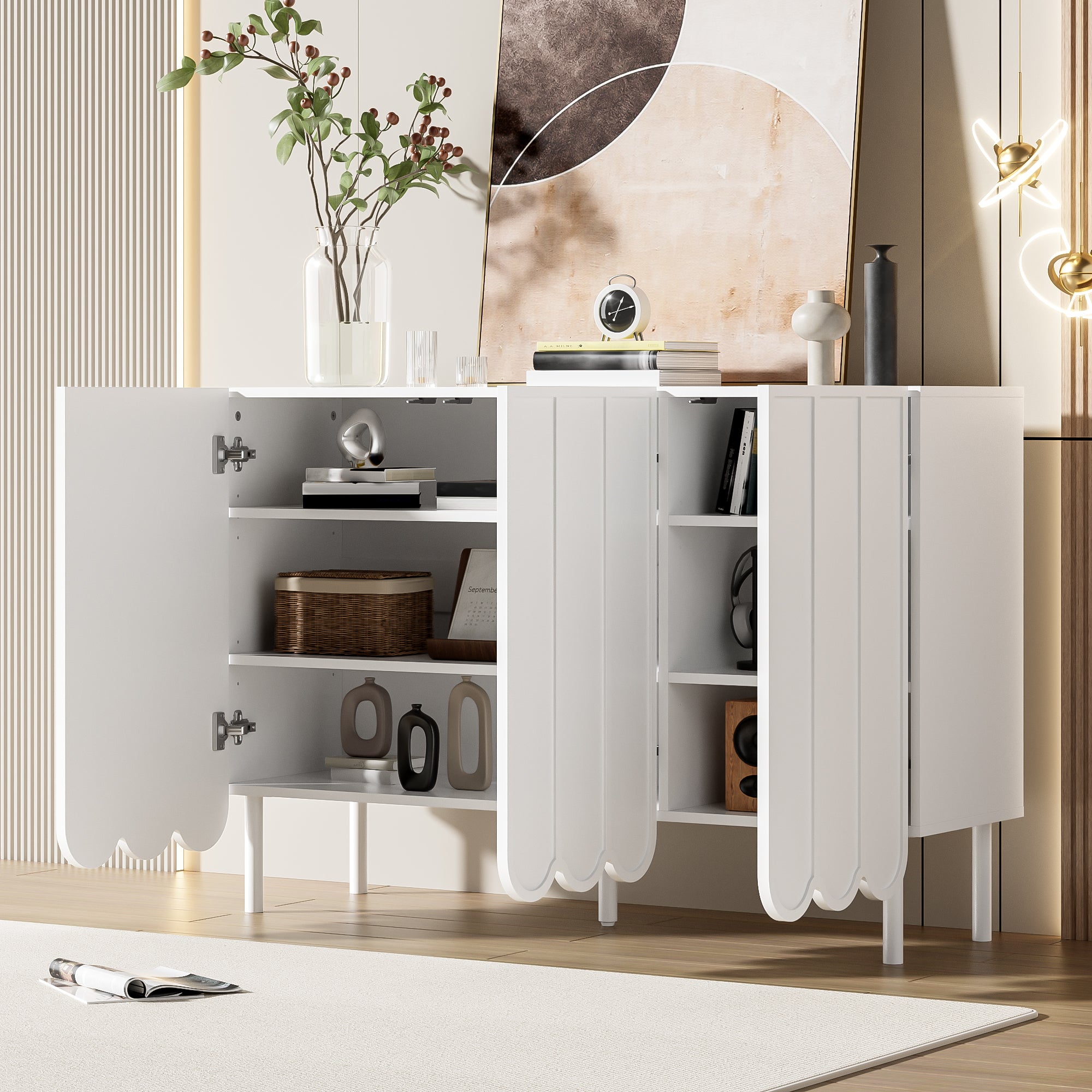 Sideboard, Wave Doors, Handleless, Adjustable Shelves, White