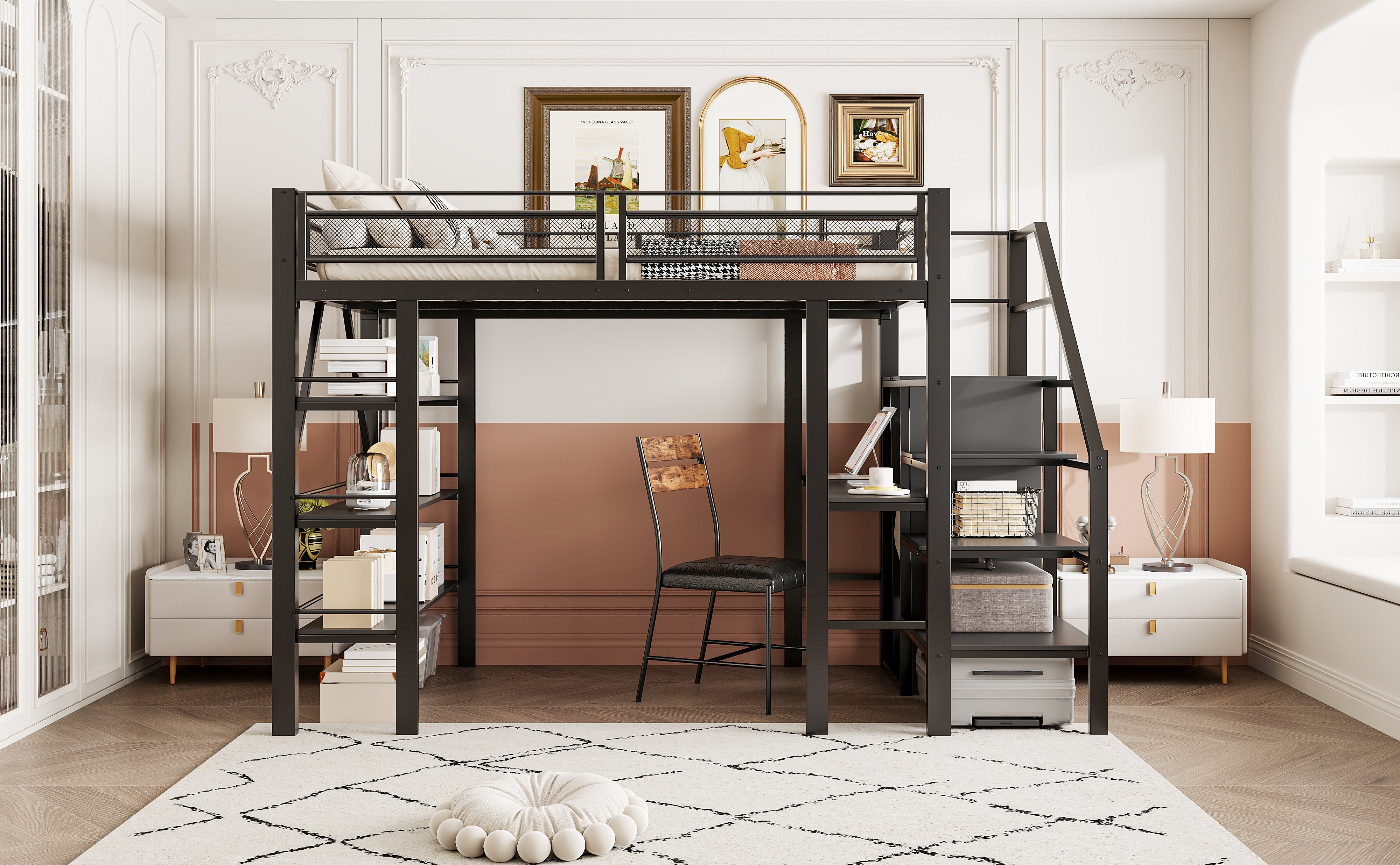 Loft Bed 140x200cm Storage Shelf Desk Wardrobe Iron, Black