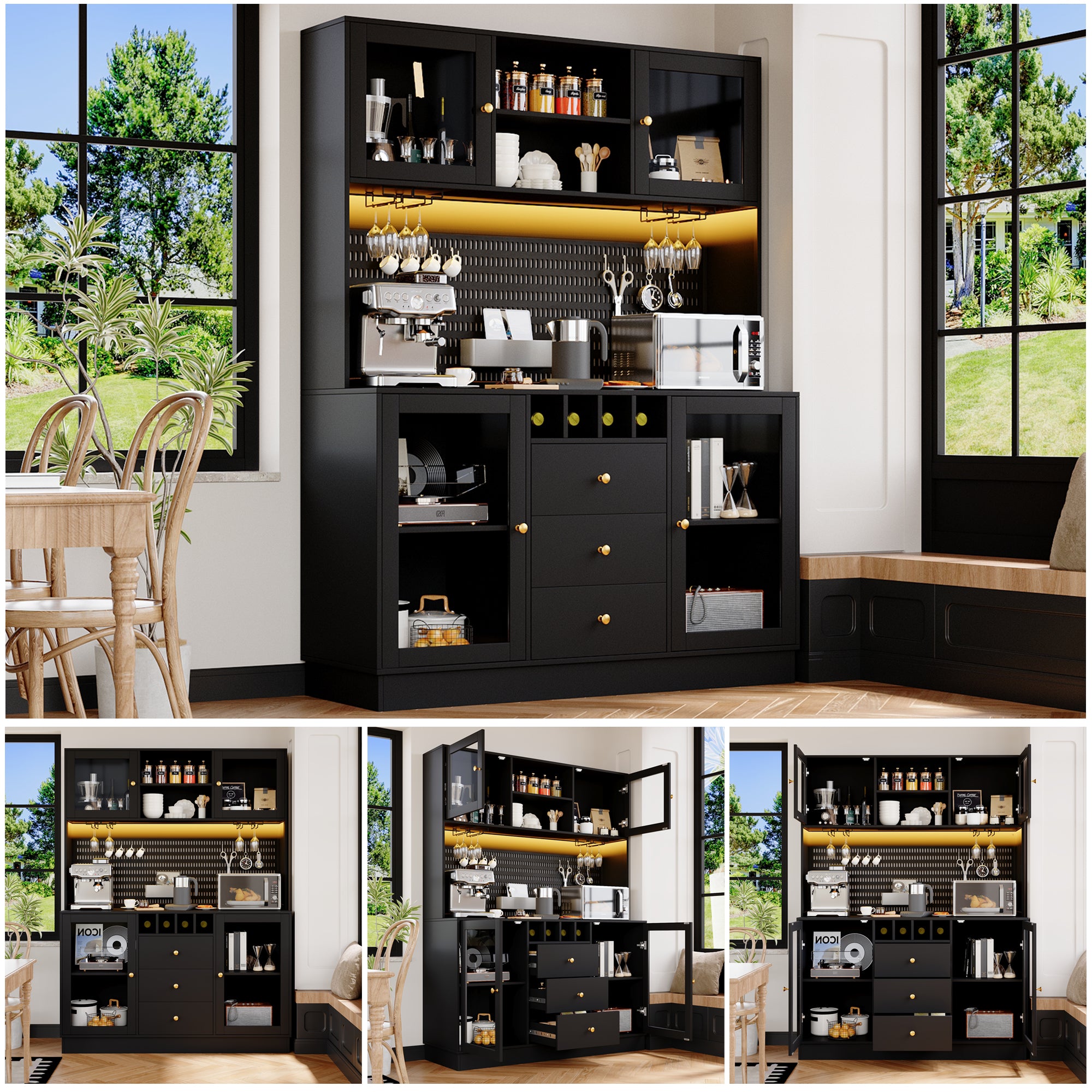 Modern Tall Cabinet with Smart LED Lighting, Wine Rack and Adjustable Shelves, Black