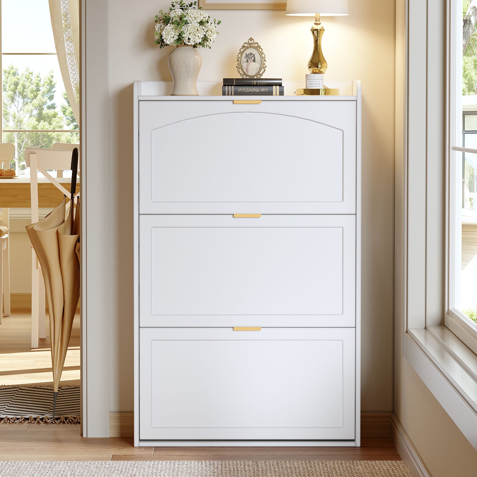 Narrow Shoe Cabinet, 3 Flaps Shoe Cupboard, White Particleboard