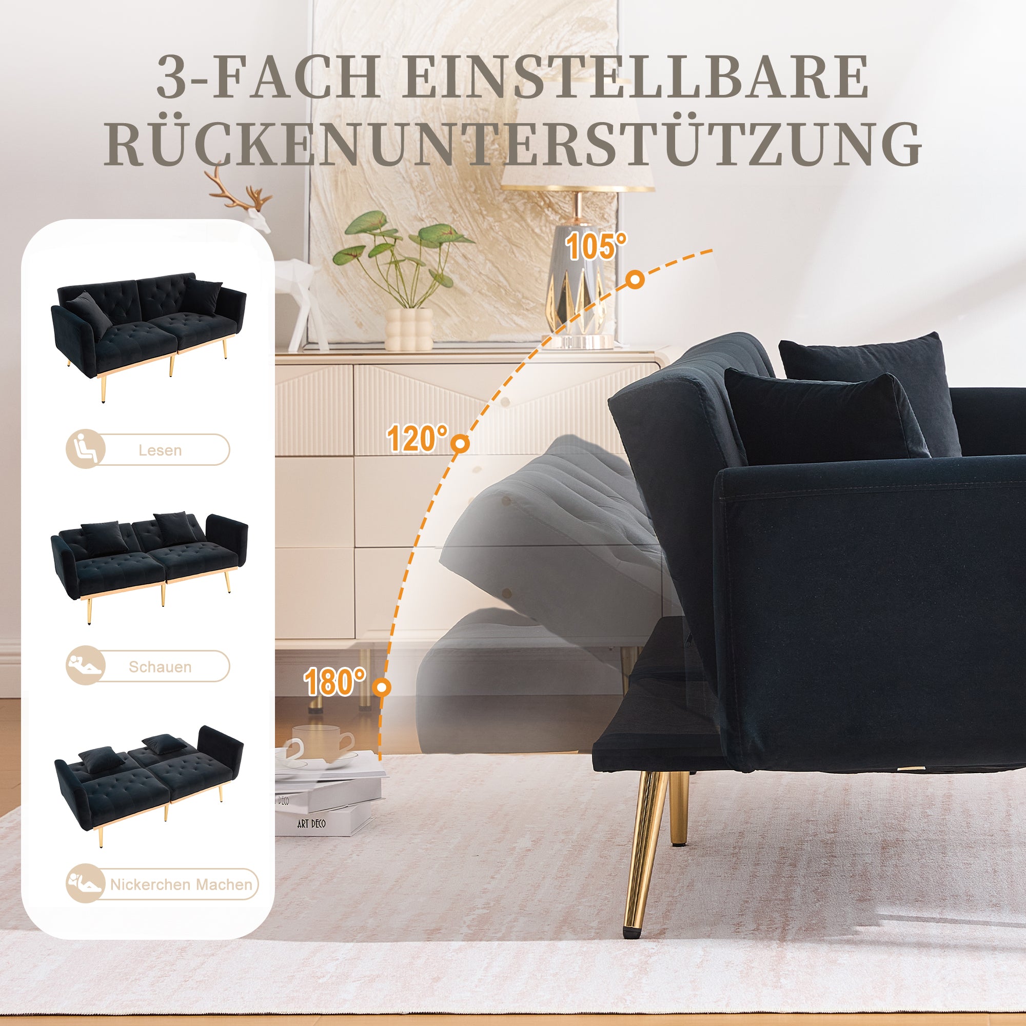 Loveseat, 2-Seater Sofa Bed with Adjustable Backrest, Black Velvet