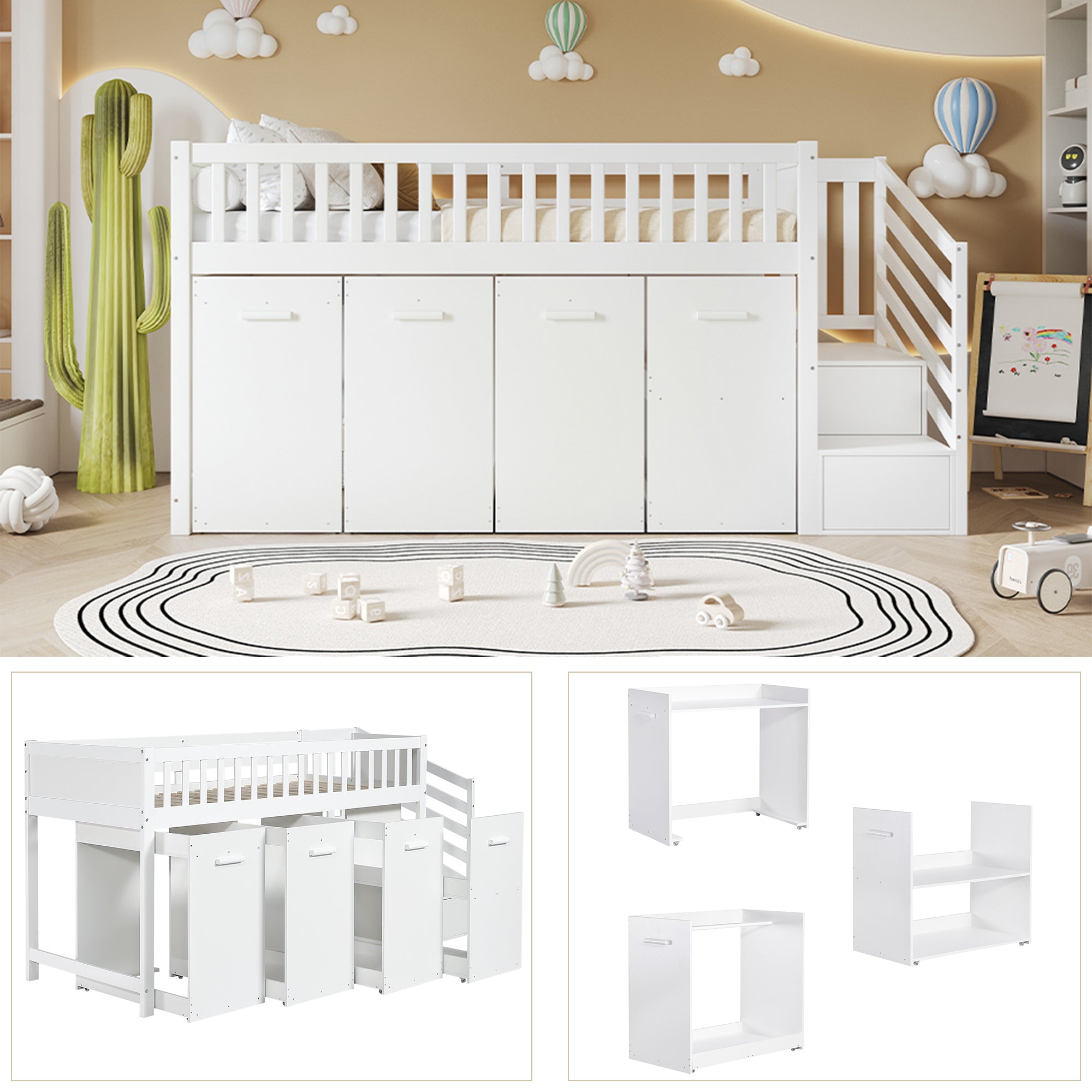 Bunk Bed, Multifunctional Children's with Desk, Wardrobe, Lockers, Pine + MDF White