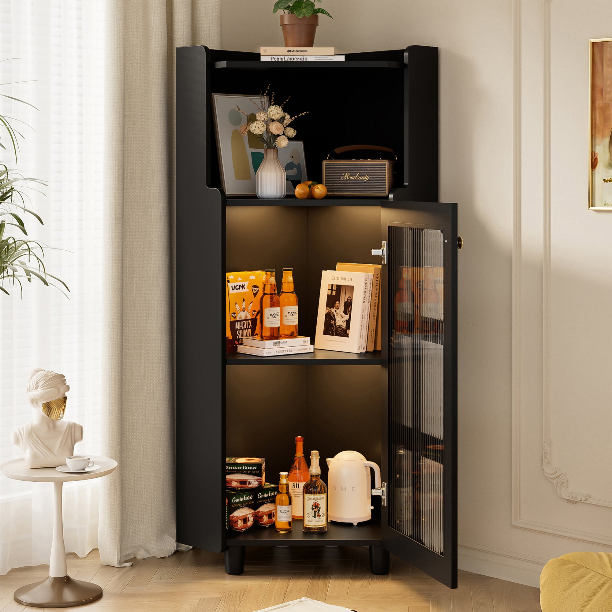 Corner Cabinet Modern LED App Control Storage - Black Lacquer