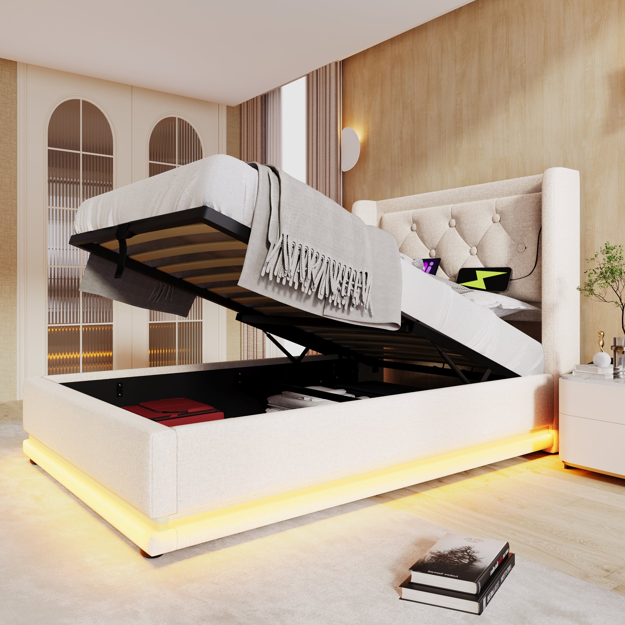 Upholstered Single Bed, 90x200cm Hydraulic Storage with USB & LED, Beige Cotton