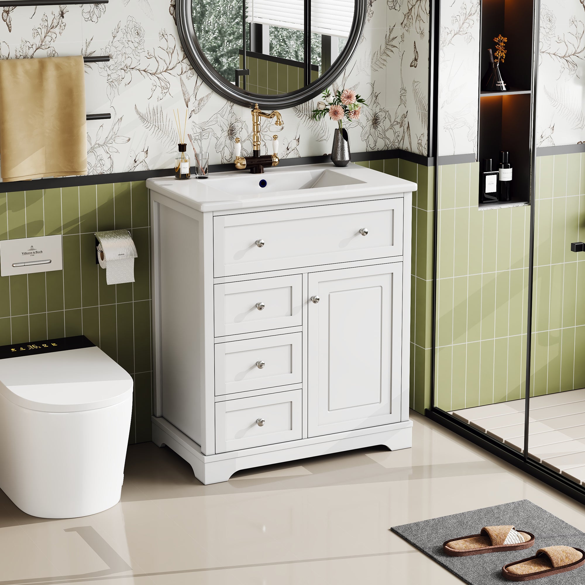 Bathroom Vanity Unit with Ceramic Sink and Drop-down Drawer, White