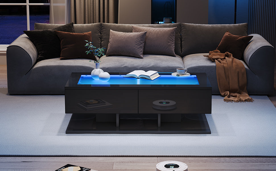 Coffee Table with Drawers, LED Light, Glass Top, Black
