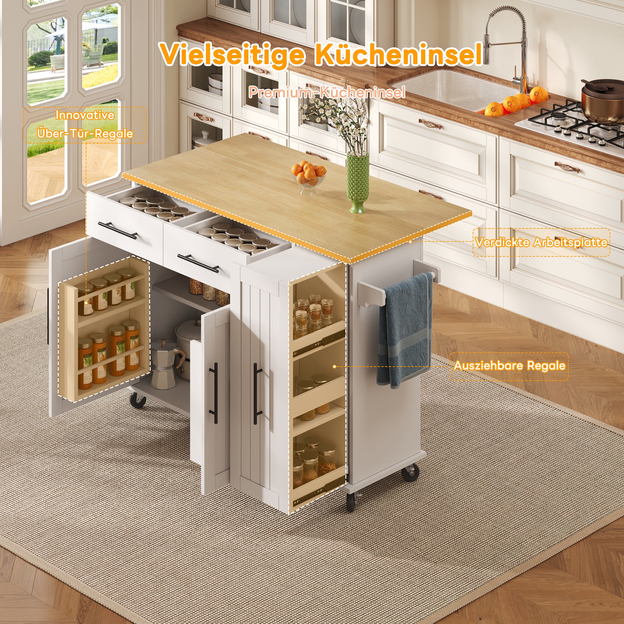 Kitchen Island Drop Leaf Storage Cart Rolling 3-Tier Pull-Out Organizer White