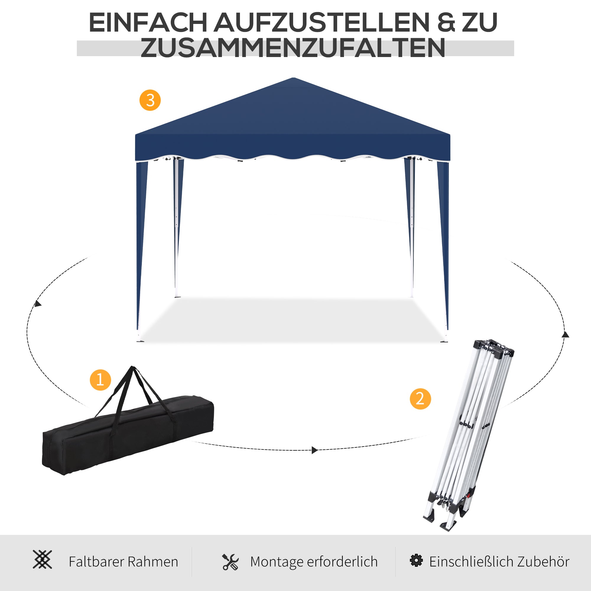 Folding Gazebo 3x3m, Height Adjustable with Carry Bag, Steel and Oxford Blue
