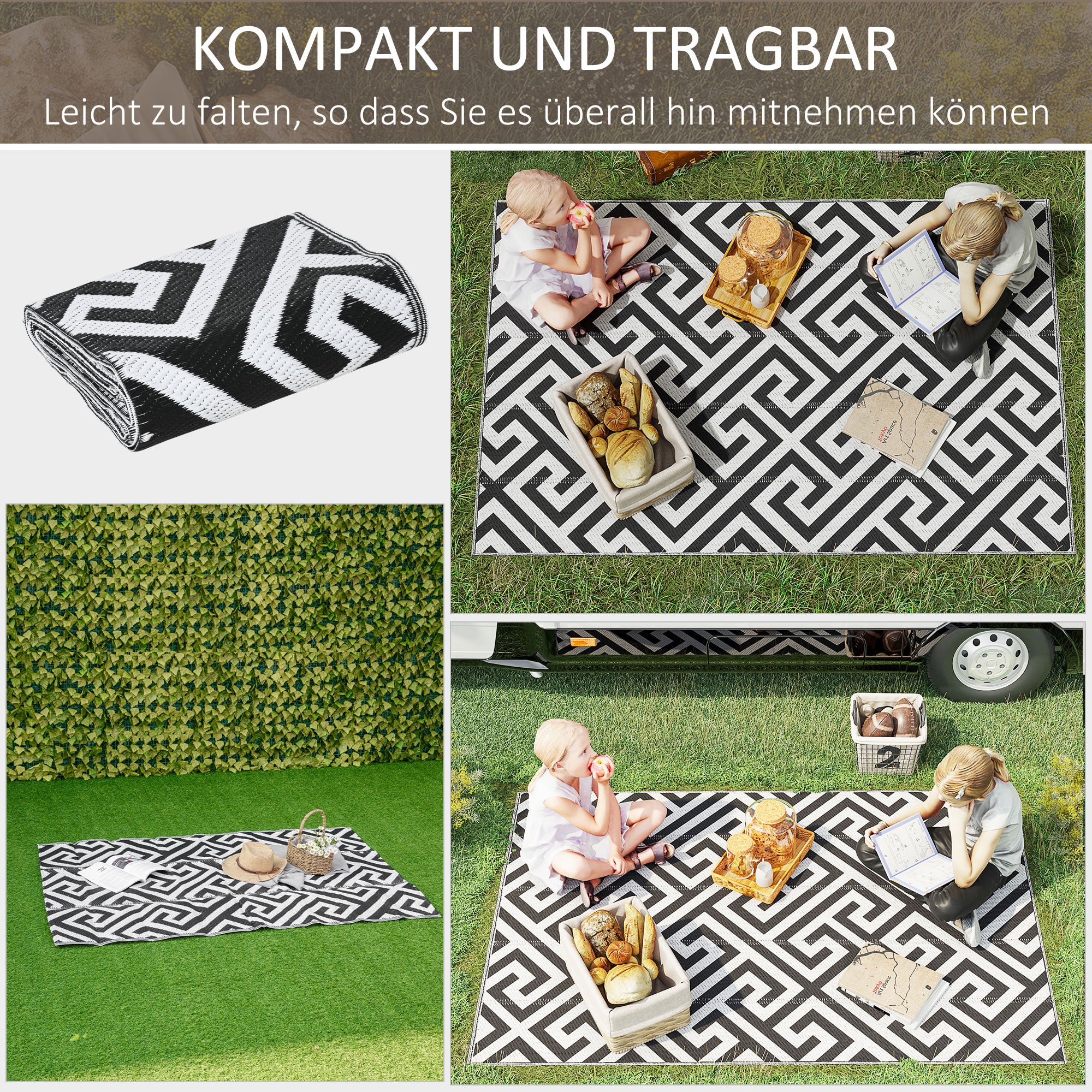 Outdoor Rug, Water-Repellent Double-Sided, Black and White