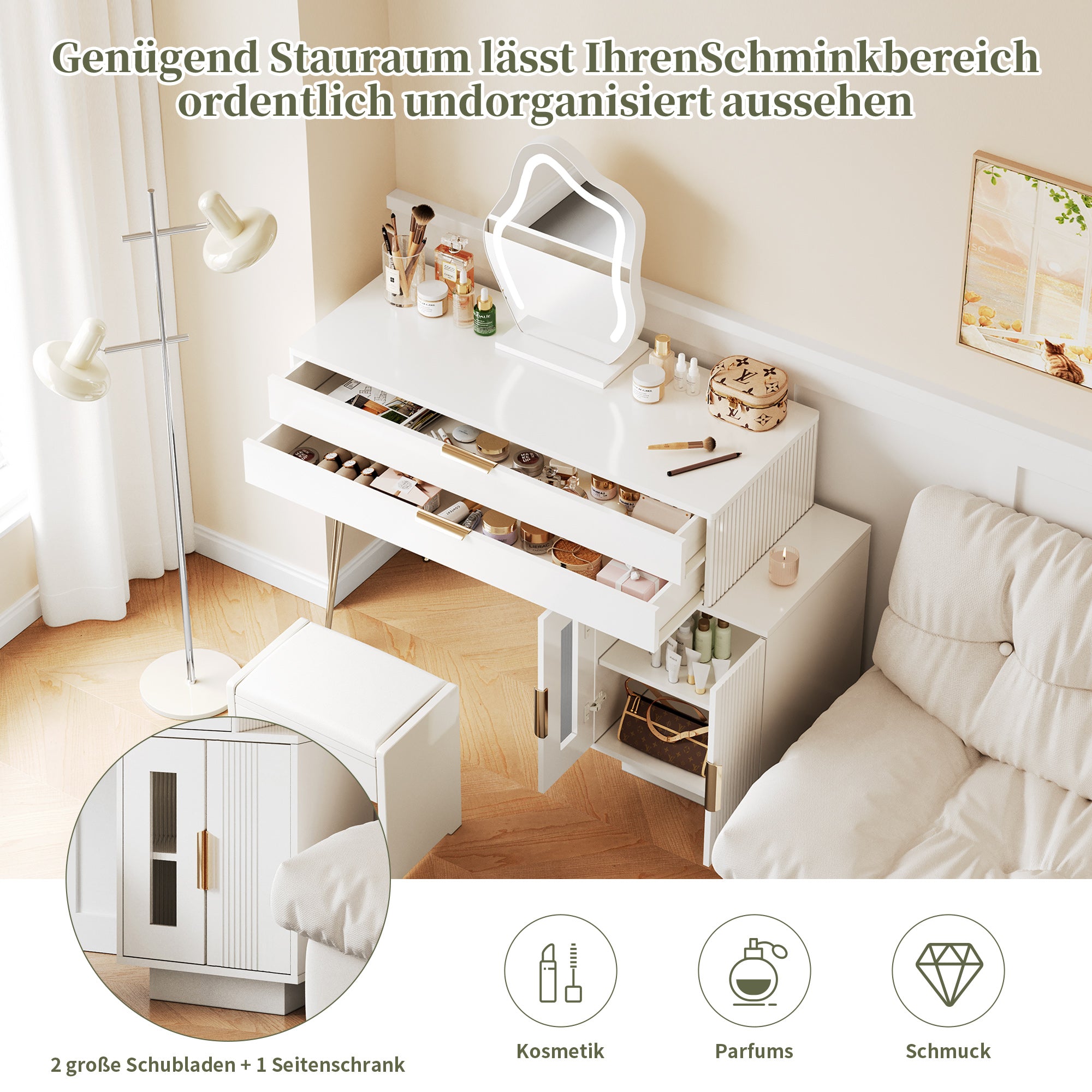 Dressing table with LED-lit mirror, extendable design, white