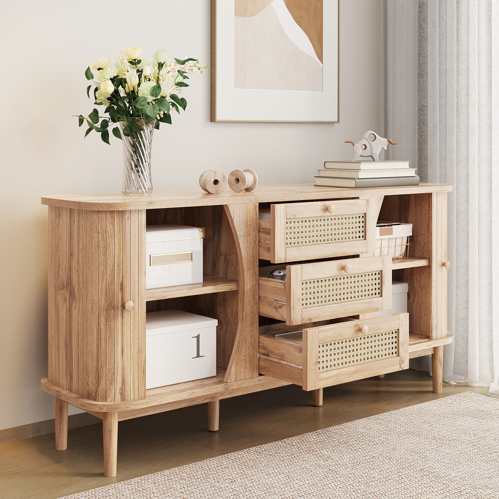 Sideboard Rattan Sliding Door Chest, Adjustable Shelves Rounded Top