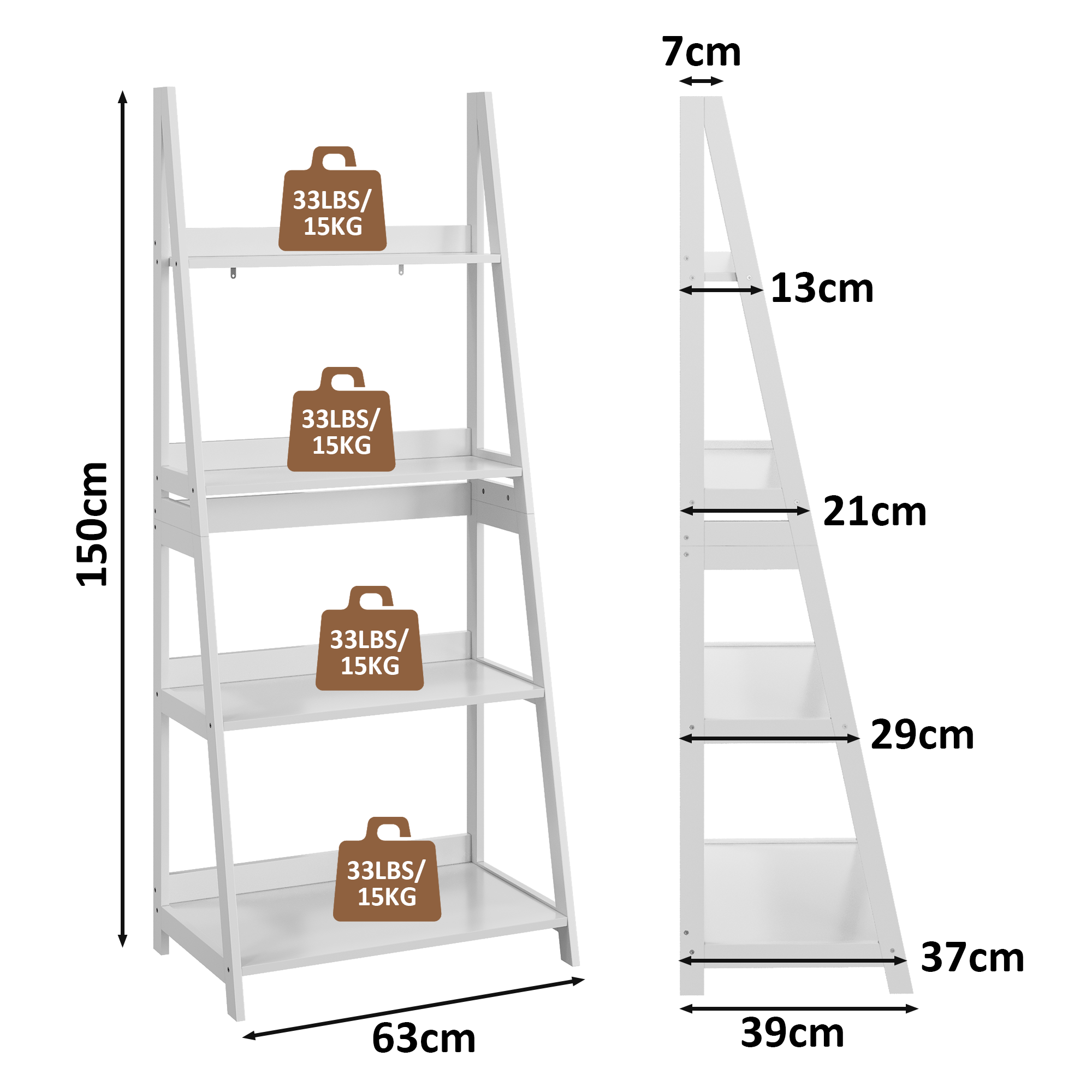 Ladder Bookshelf Display Stand, 4-Tier Bookcase, Bathroom Storage, White