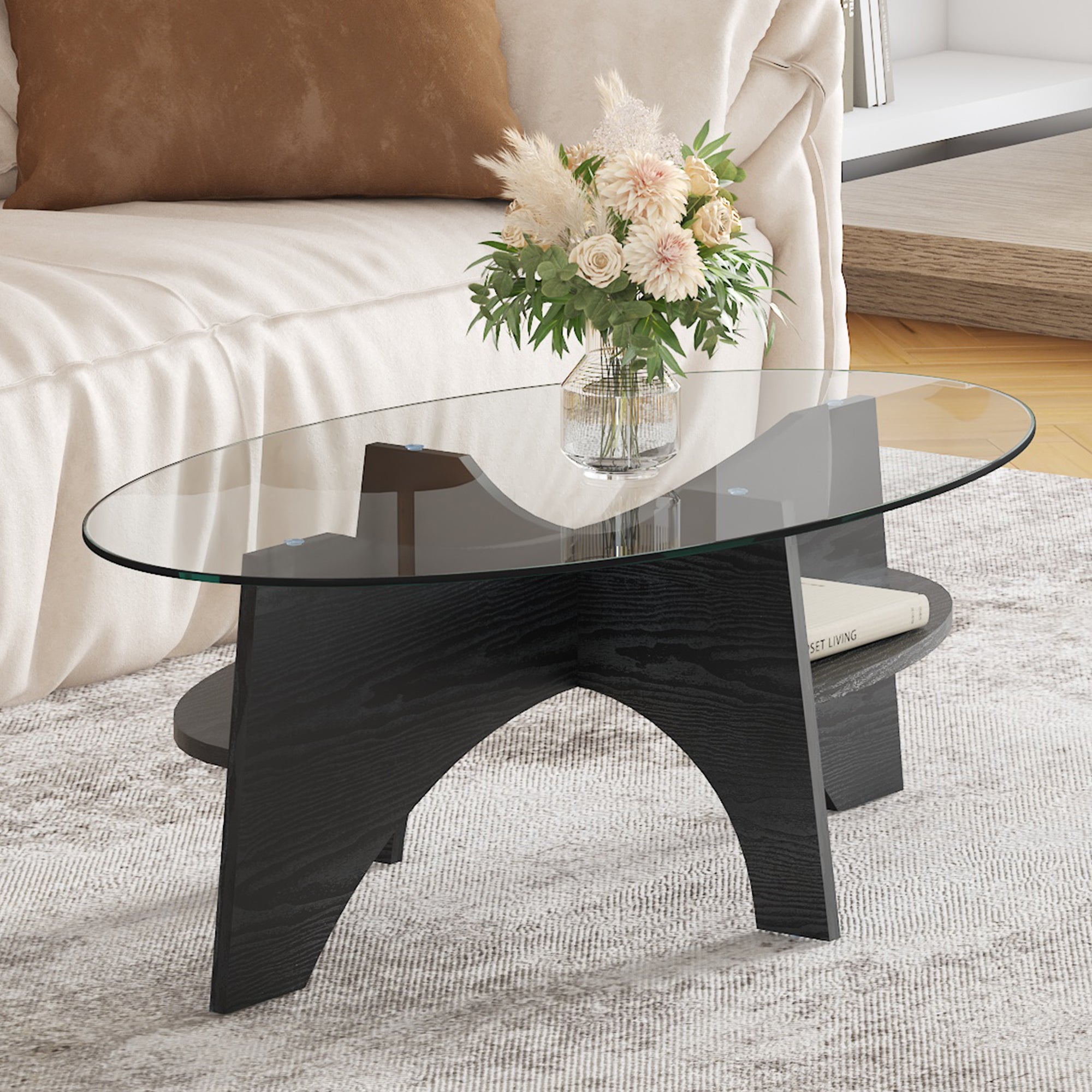Modern Oval Side Table Multifunctional Safety Glass 105x60cm Black Wood Look