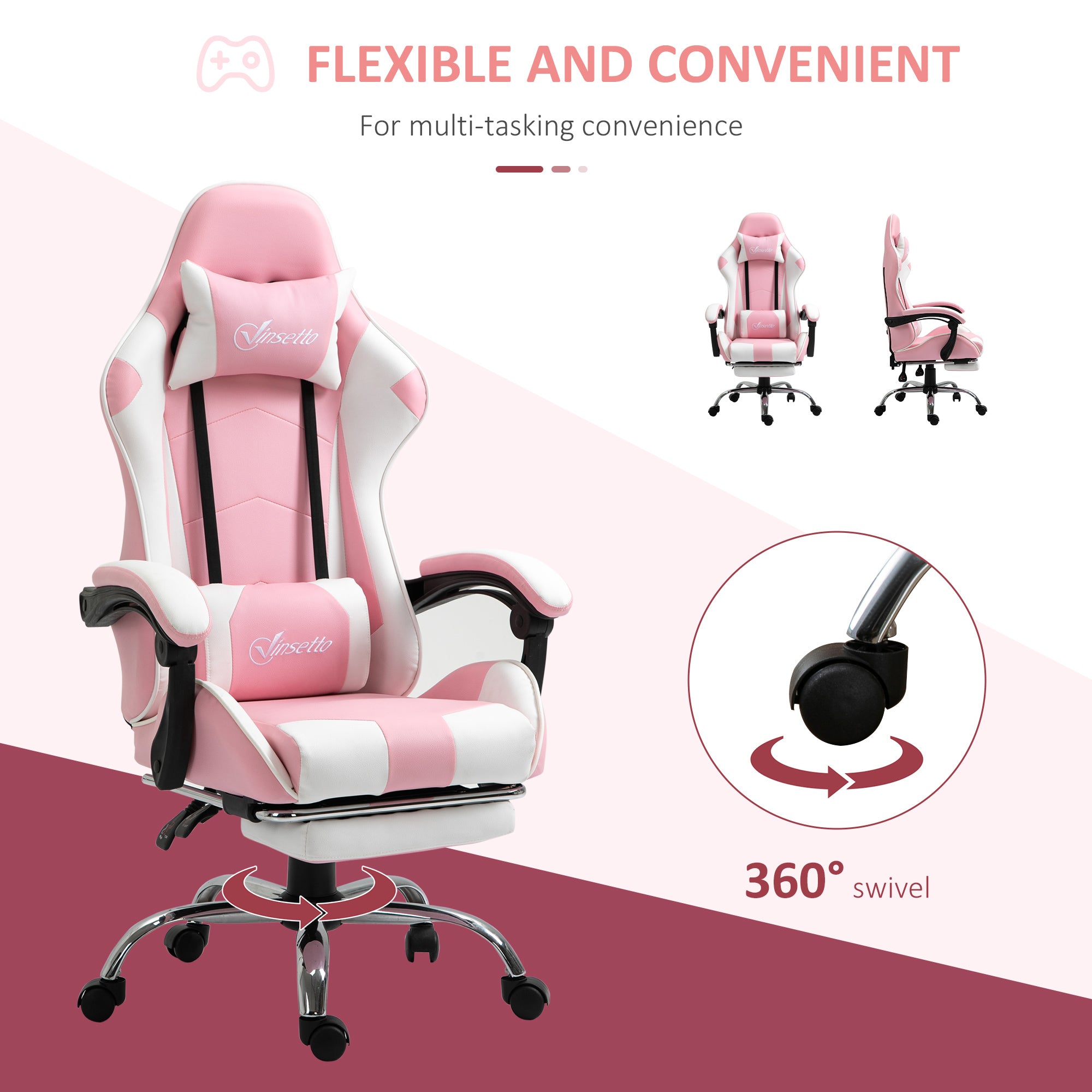 Vinsetto Gaming Computer Chair Ergonomic Office with Headrest Lumbar Cushion Pink+White
