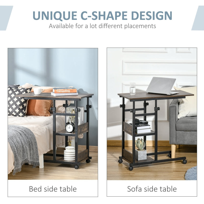 C-Shaped Side Table, Mobile Rolling Desk with 3-Tier Storage and Adjustable Height, Engineered Wood