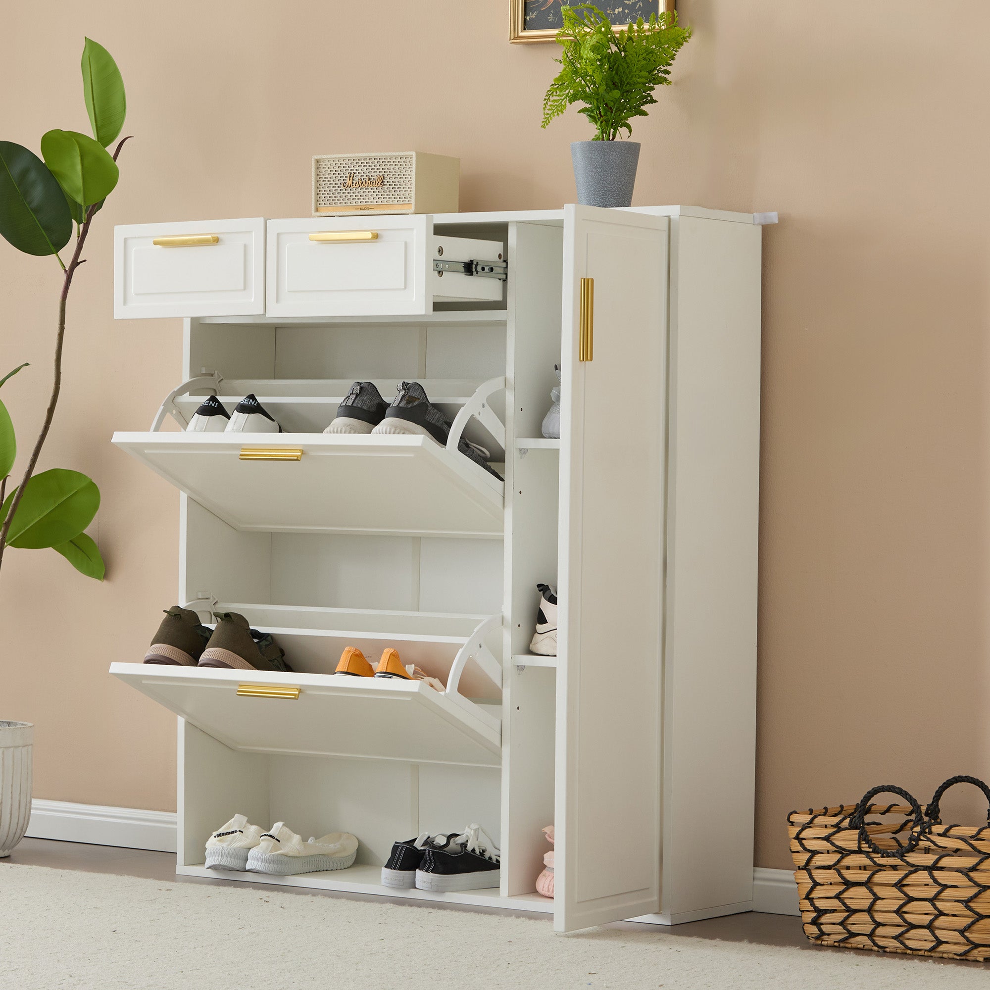 Modern Shoe Cabinet, adjustable shelves, gold handles, drawers, folding, white