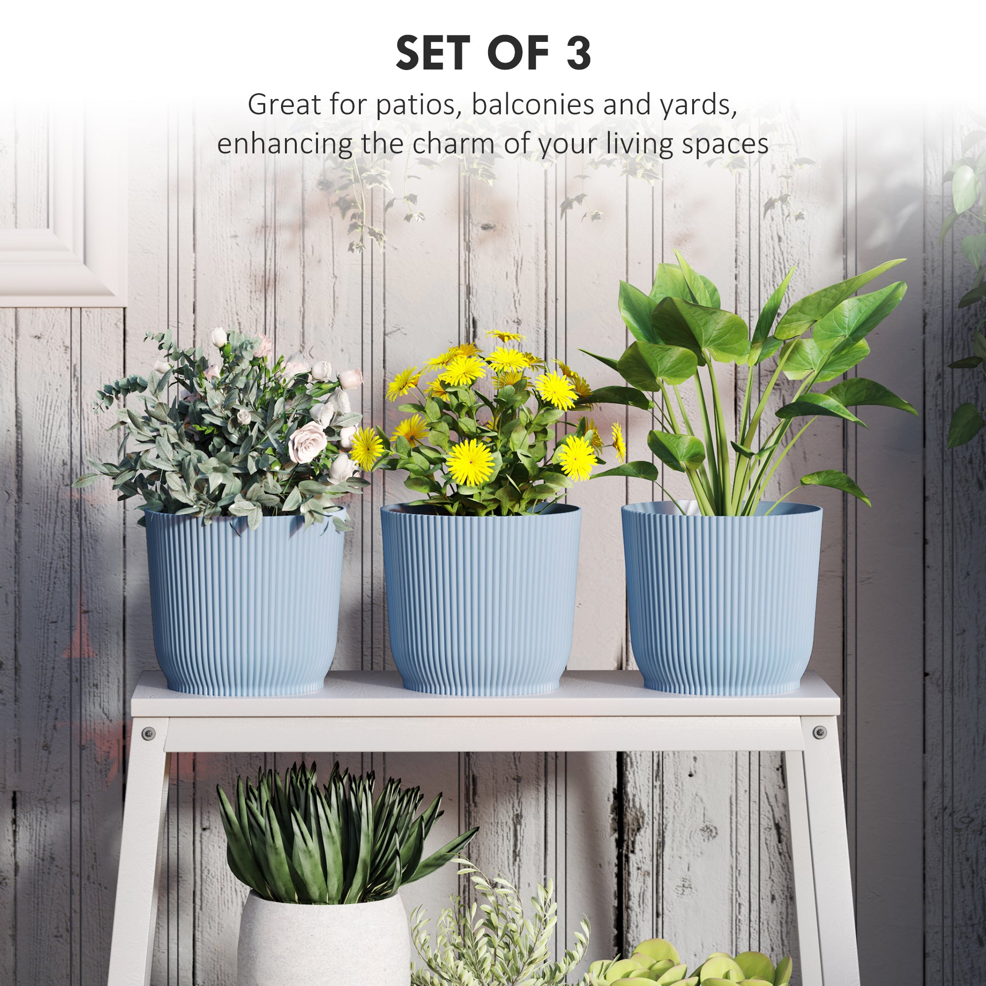 Set of Three Planters, 22cm Diameter, Blue