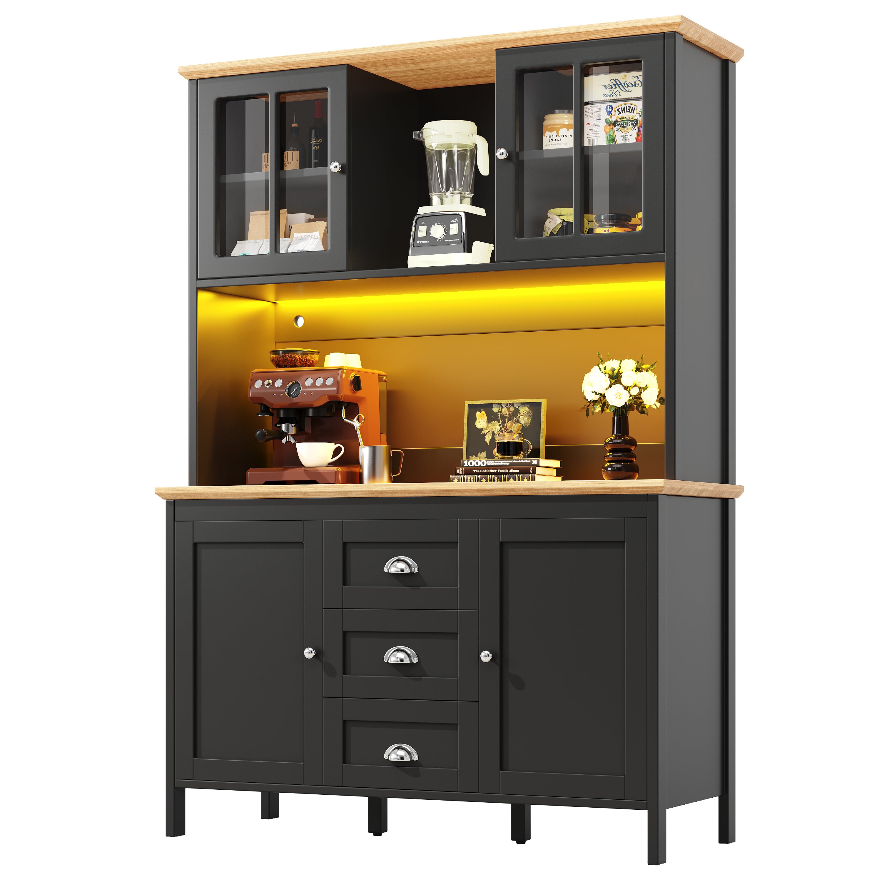 Tall Sideboard with LED Lighting, 4 Doors and 3 Drawers, White and Black