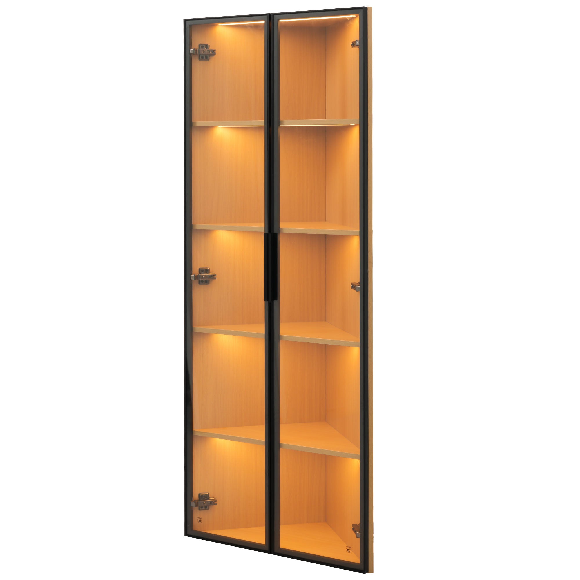 LED Glass Display Case 62x35x160cm Corner Cabinet with Light Strip, Tempered Glass, Oak