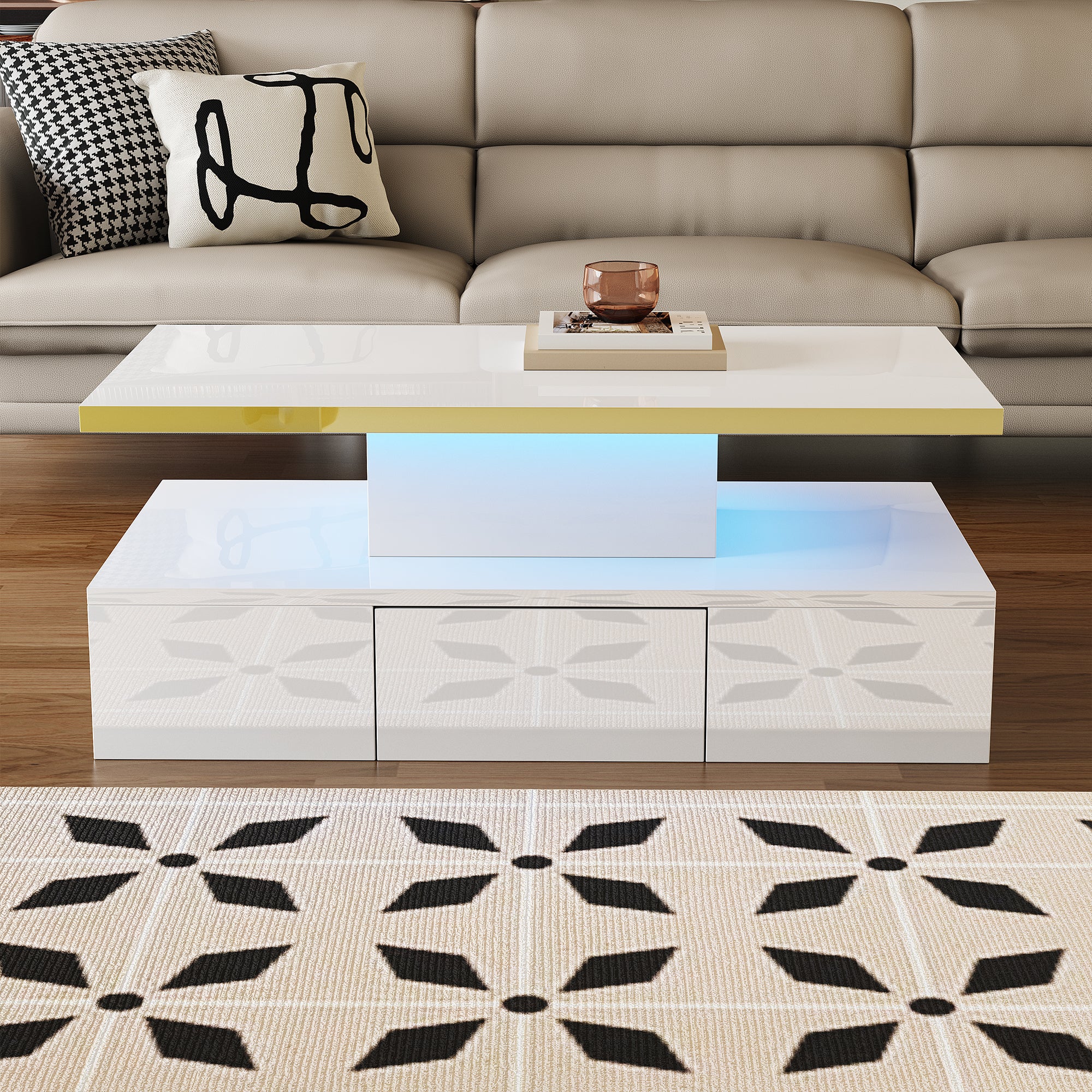 Coffee Table with Drawers, High-Gloss Lacquer Finish, Two Shelves, LED Light