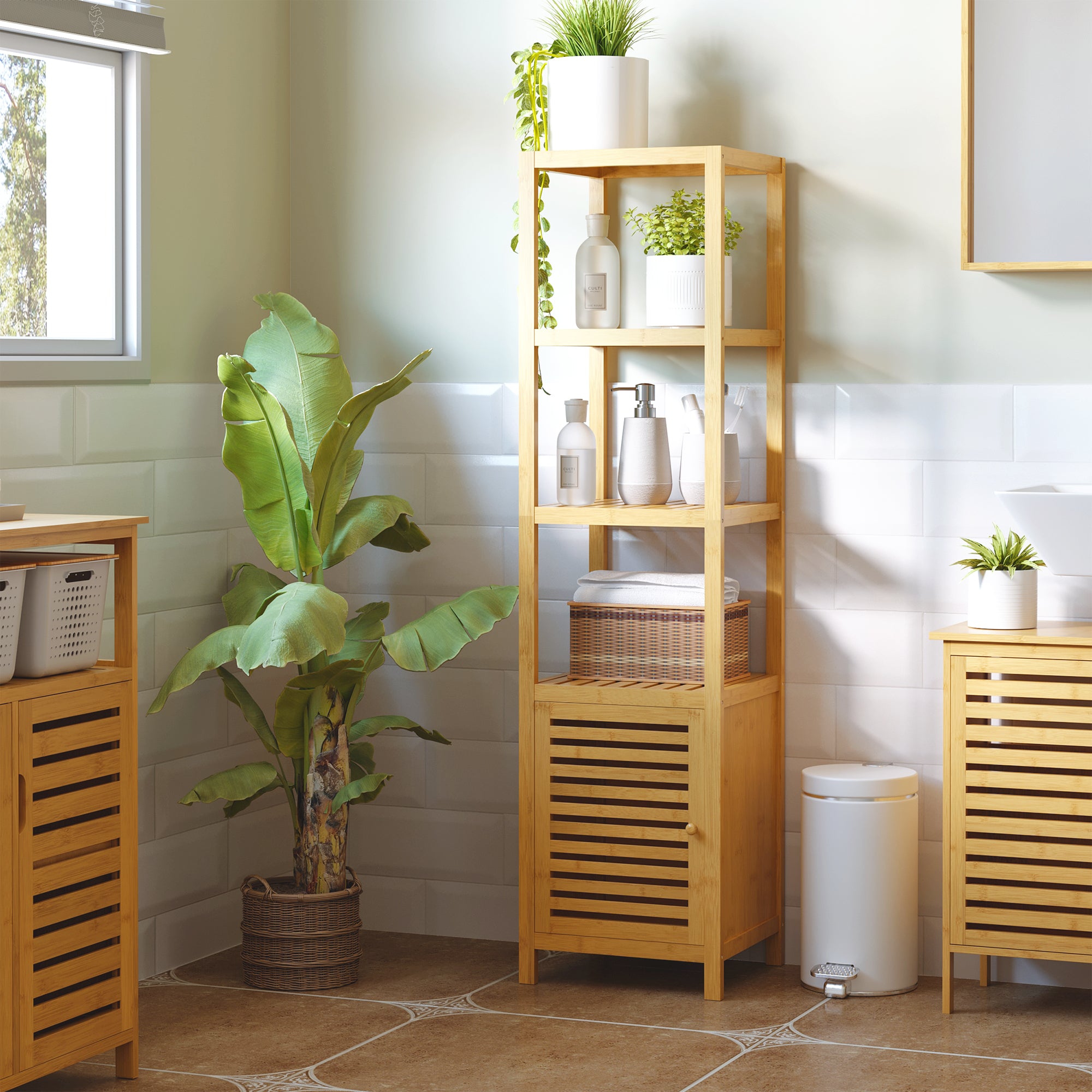 Bathroom Cabinet, 3 Open Compartments, Toilet Storage, Bamboo