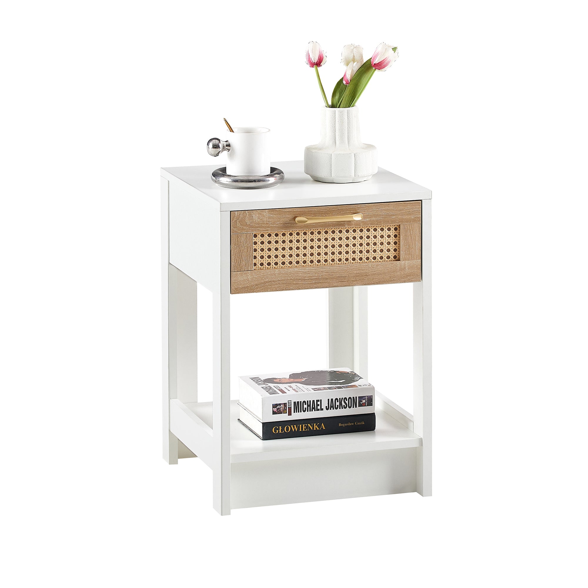 Rattan Side/Bedside Table with Drawer Modern - White