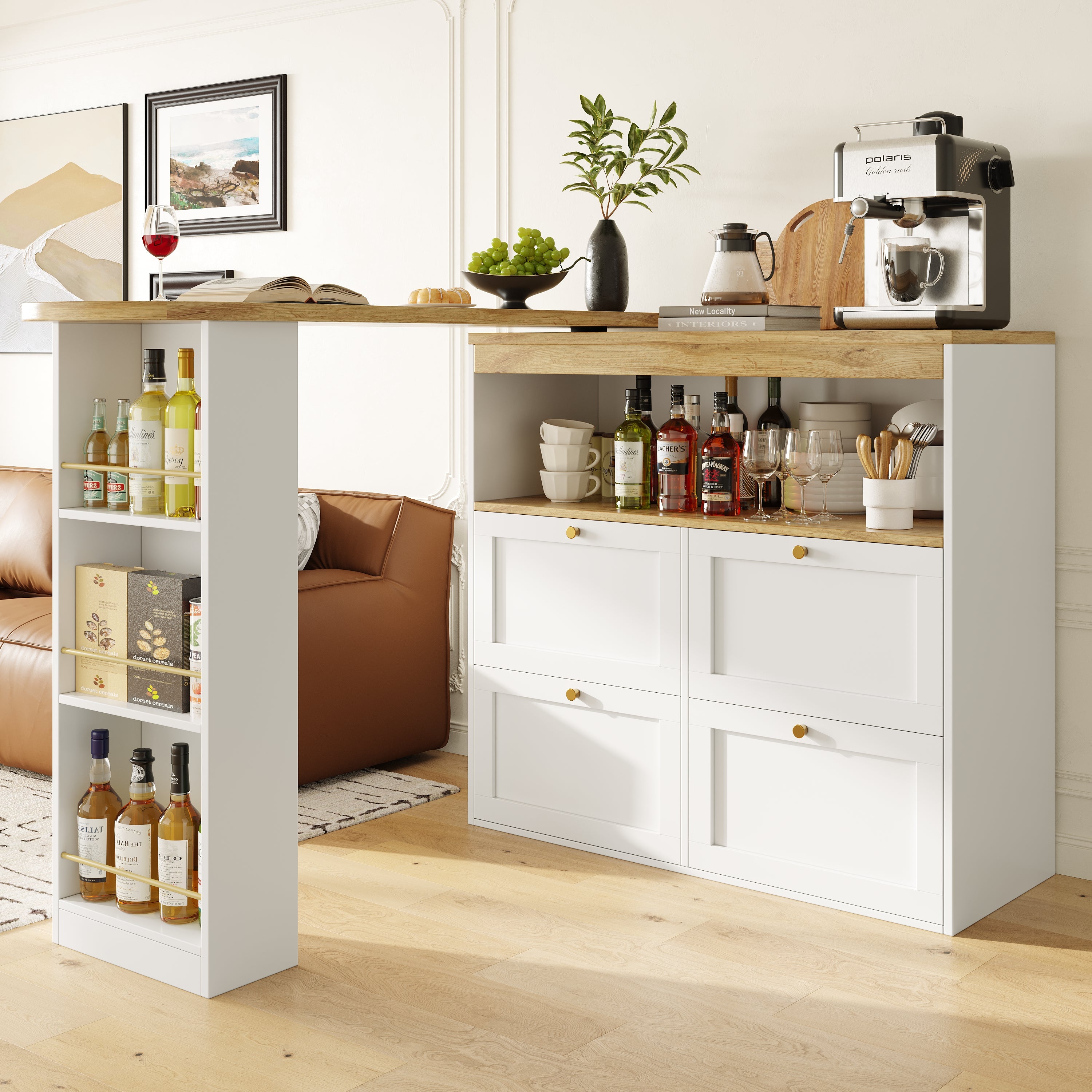 Rotating Standing Table 360° with 4 Drawers & Open Shelves - White