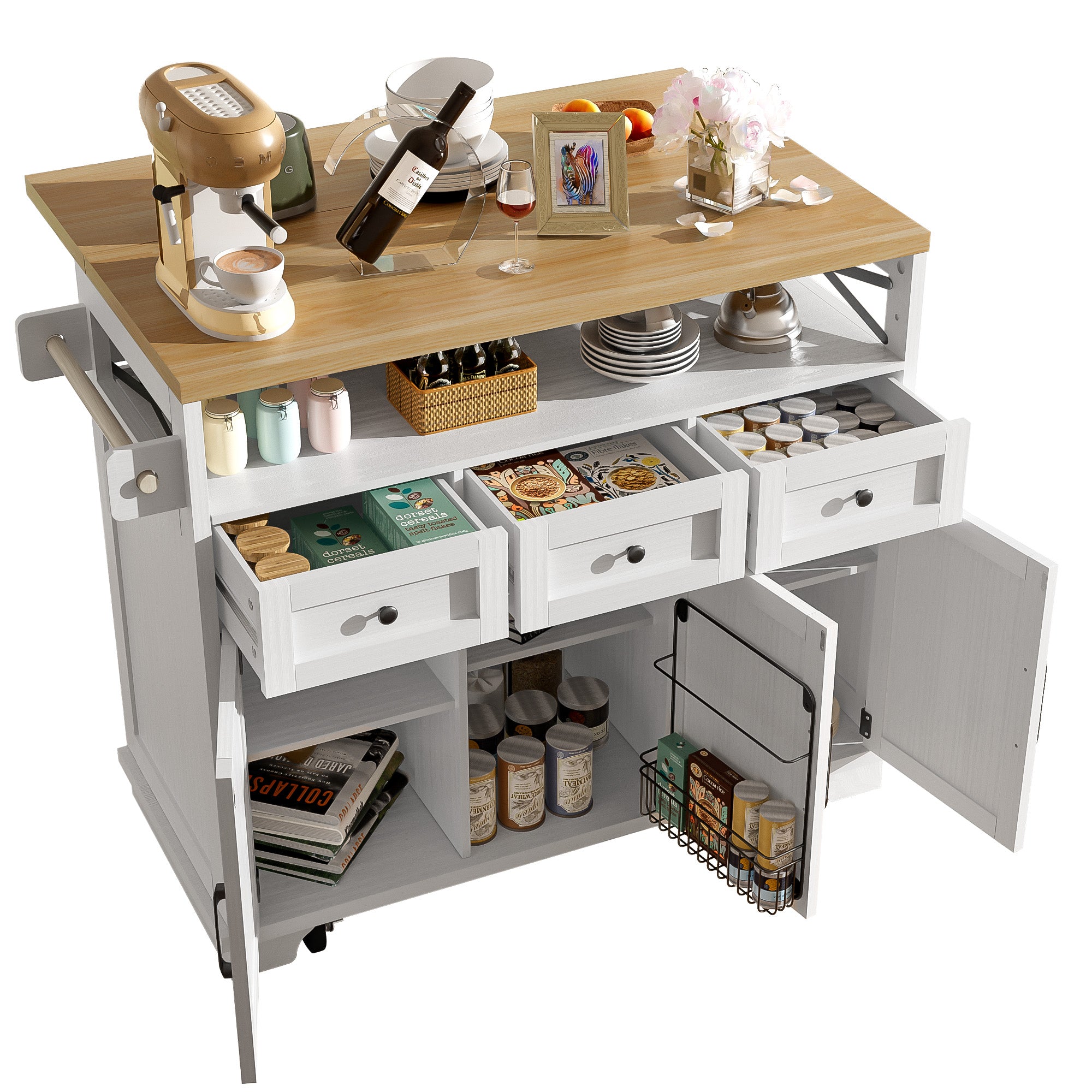 Modern Kitchen Island 118x43x98cm Mobile Storage Towel Rail - White