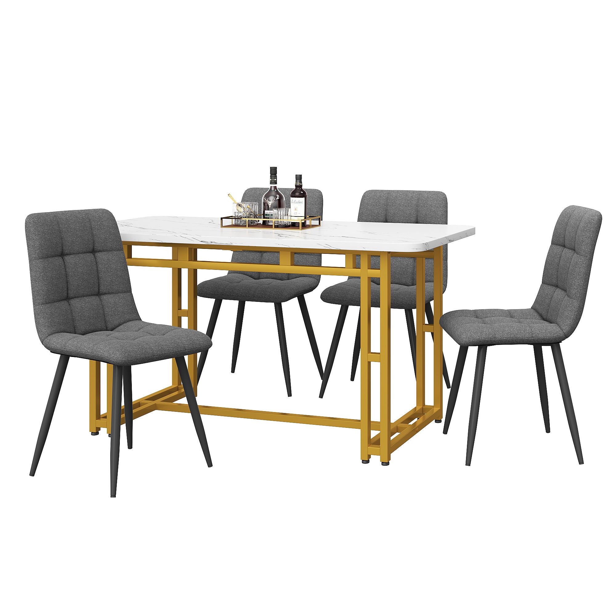 120x70cm Dining Table Set 4 Chairs Modern Kitchen Dark Grey Linen Golden Iron