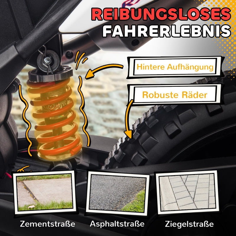 AIYAPLAY Kids' Motorcycle with Training Wheels, LED Lights, Music, USB, 12V, White