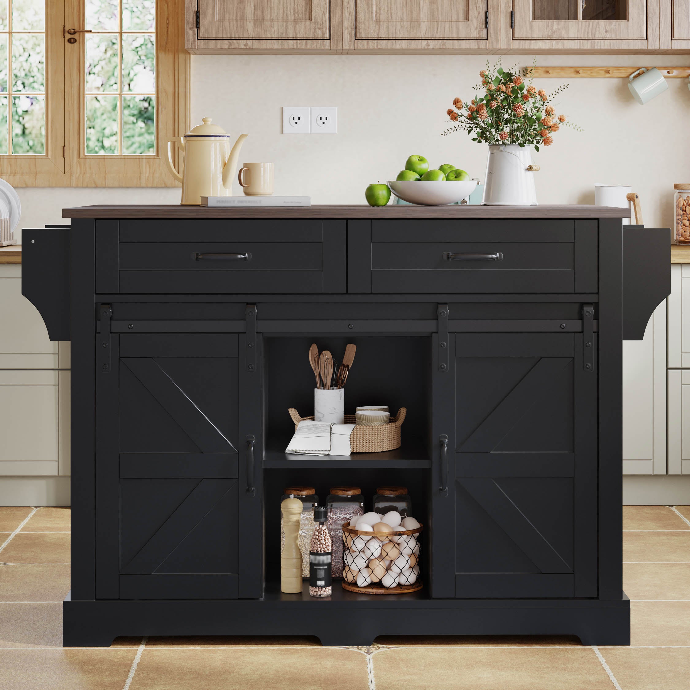 Kitchen Island with Fold-Down Worktop and Sliding Barn Doors, Black