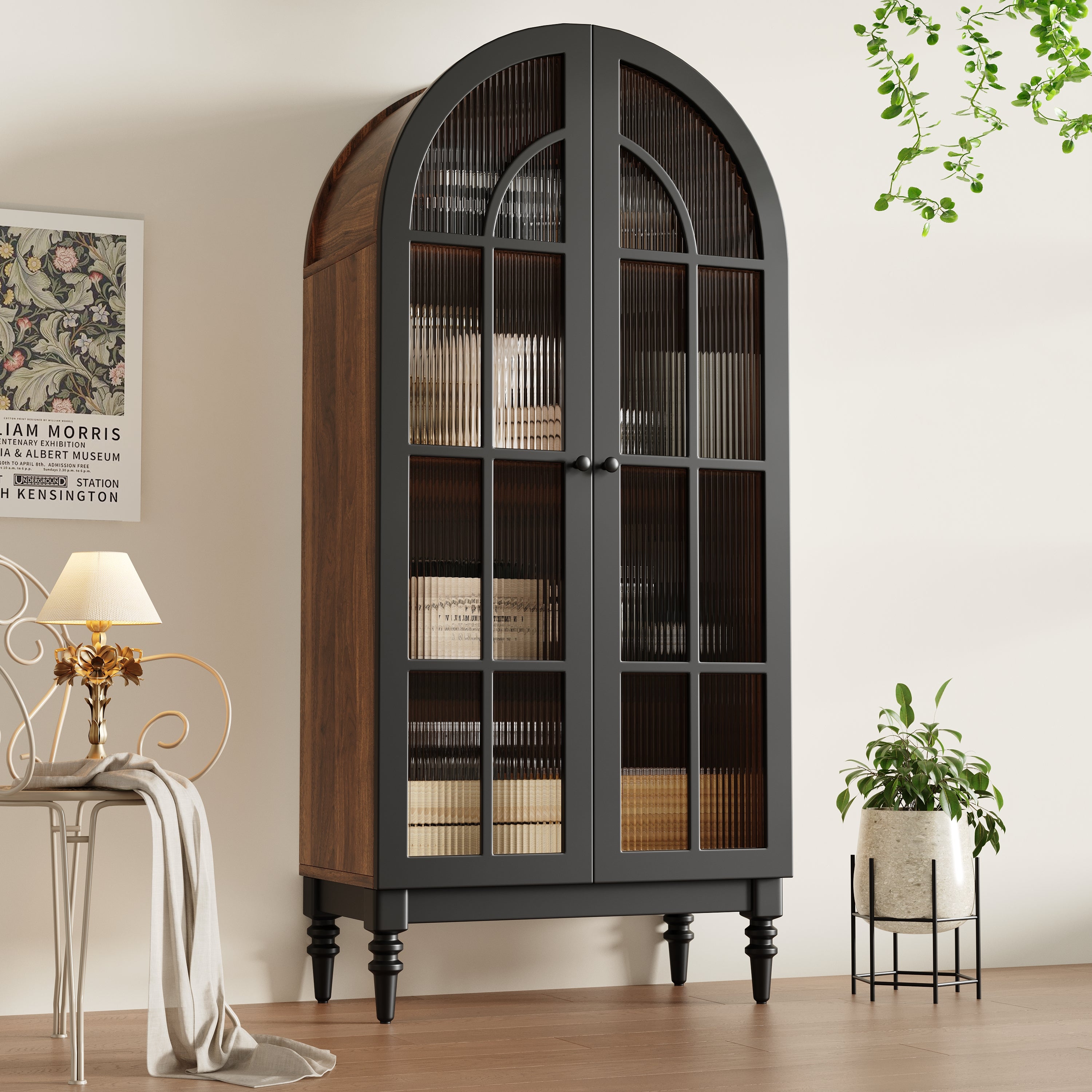 Tall Arched Storage Cabinet with Glass Doors and Wood Grain Finish