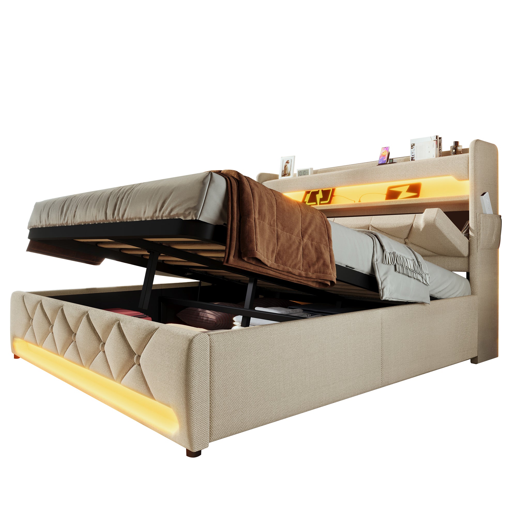 Upholstered Double Bed 160x200, Storage Headboard with USB/Type C & 360 LED, Hydraulic Lift, Beige Linen