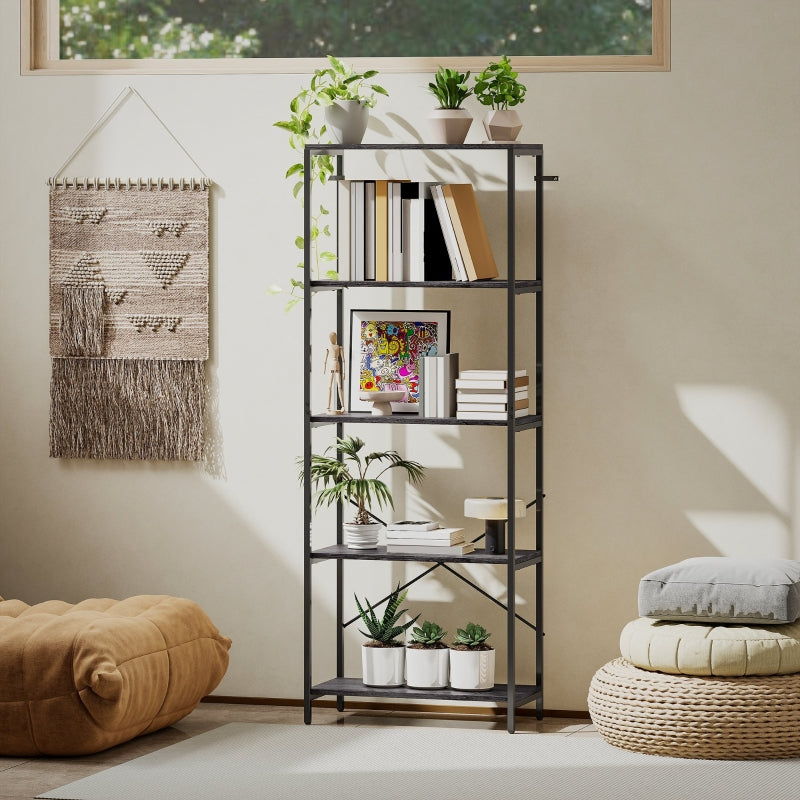 Bookshelf, 5-Tier Industrial Bookcase with Metal Frame, Dark Grey and Black