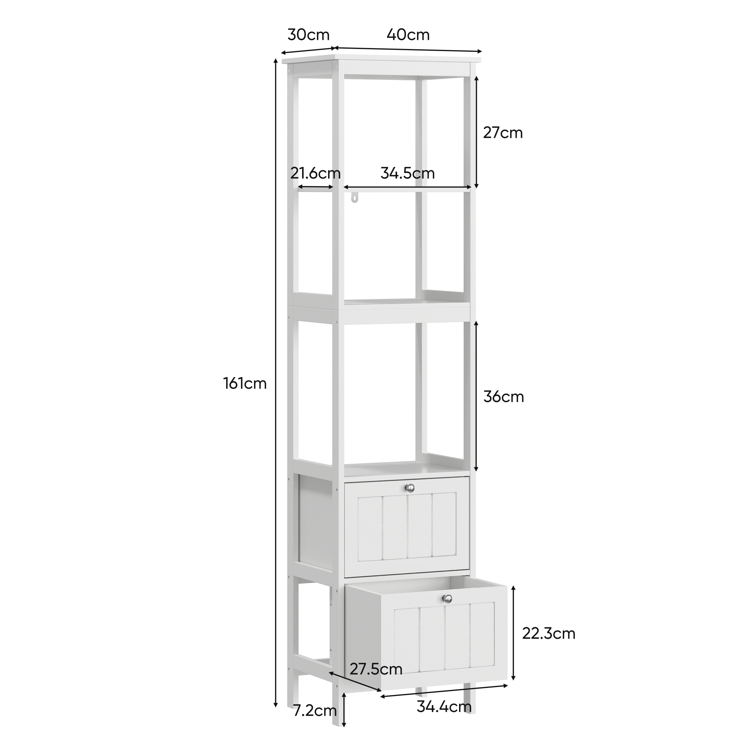 Narrow Tall Cabinet, Bathroom Freestanding with 2 Drawers & 3 Shelves, Wooden White