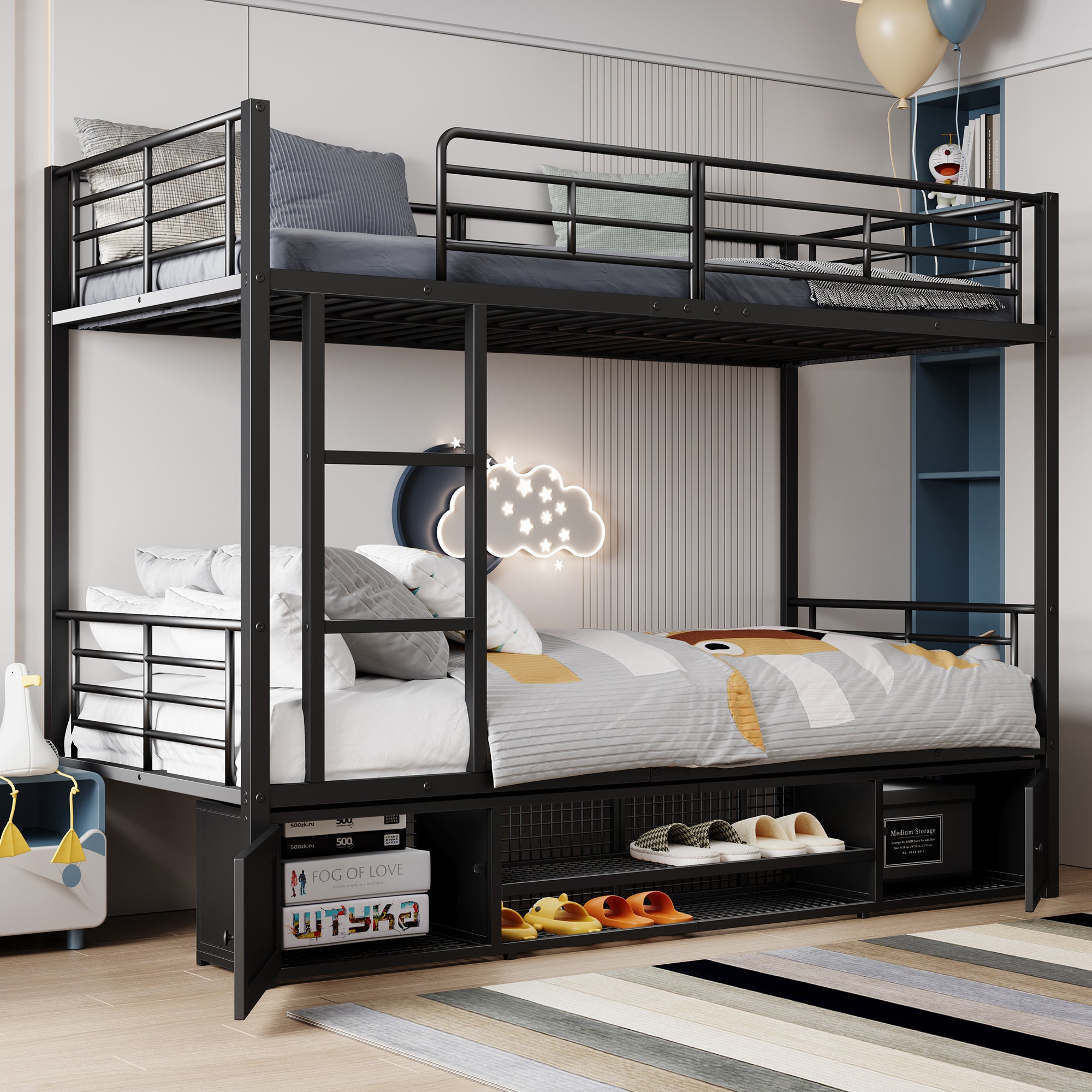 Iron Frame Bunk Bed with Storage, Ladder, and Safety Rail, 90x200cm, Black Iron
