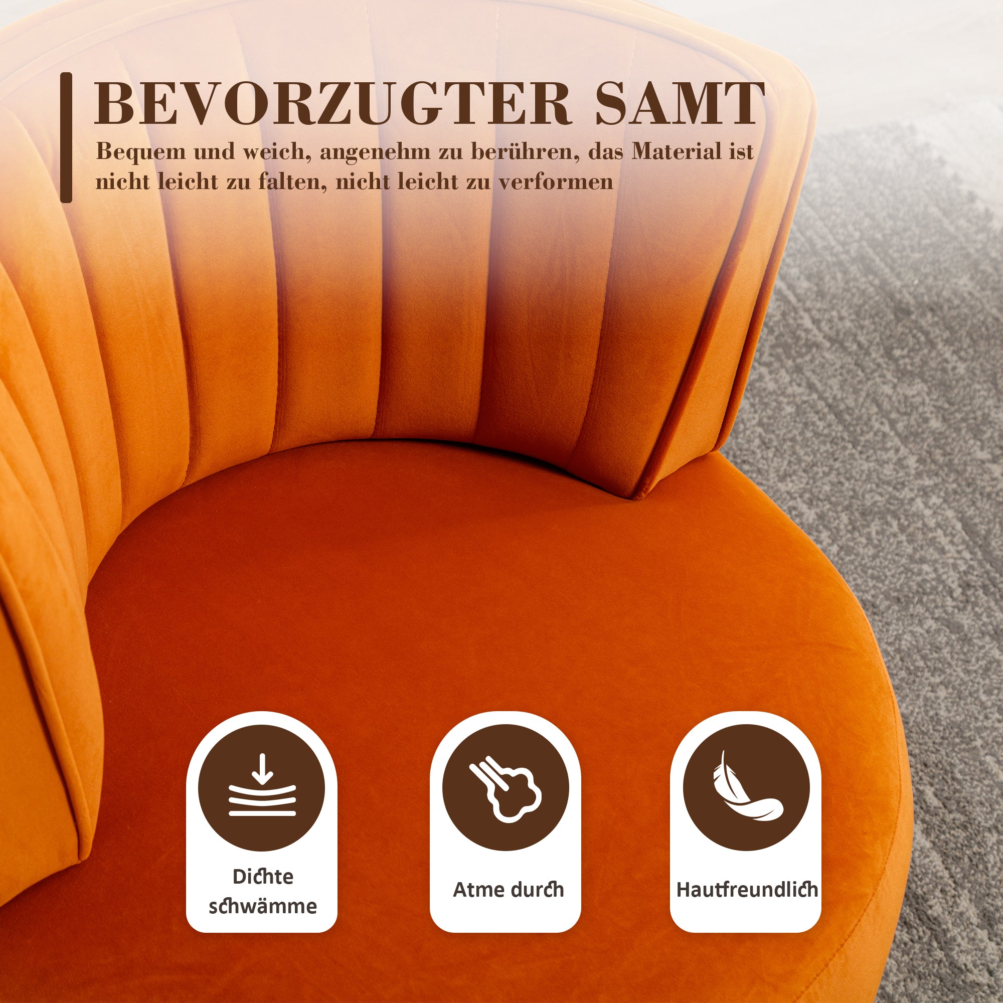 Swivel Barrel Chair 360° Round Comfortable, Orange Velvet