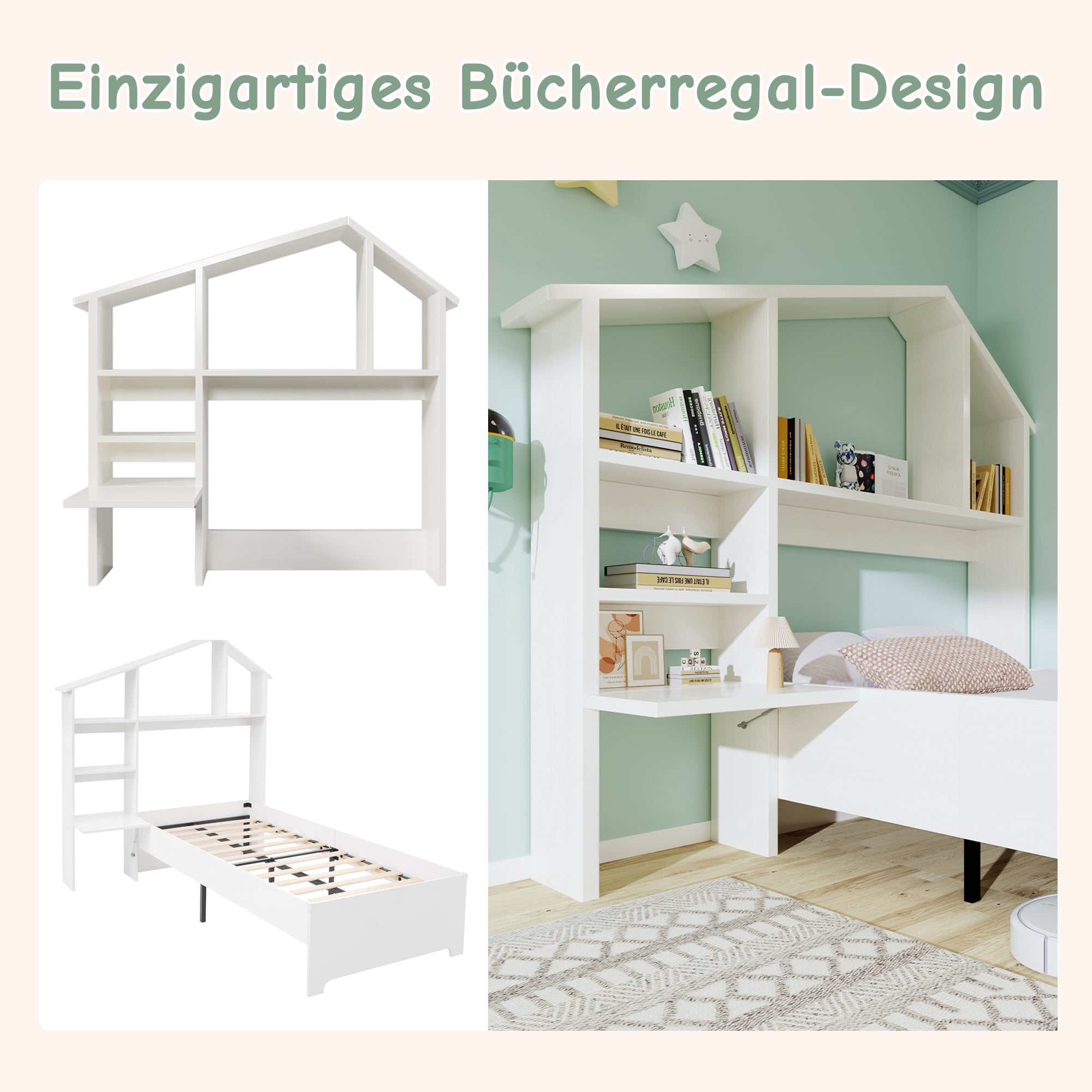 Wooden Shelf with Storage Space, Folding Bedside Table, Anti-Tip, White