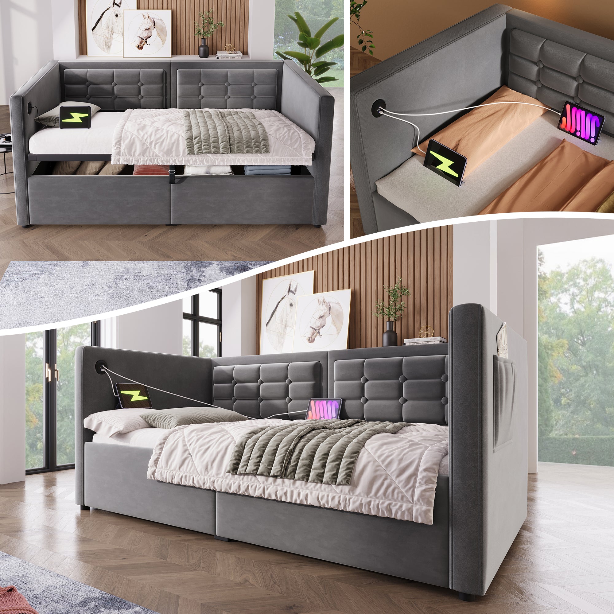 Upholstered Sofa Bed, 90x190 cm Single with USB & Type-C Charging, Gray Velvet