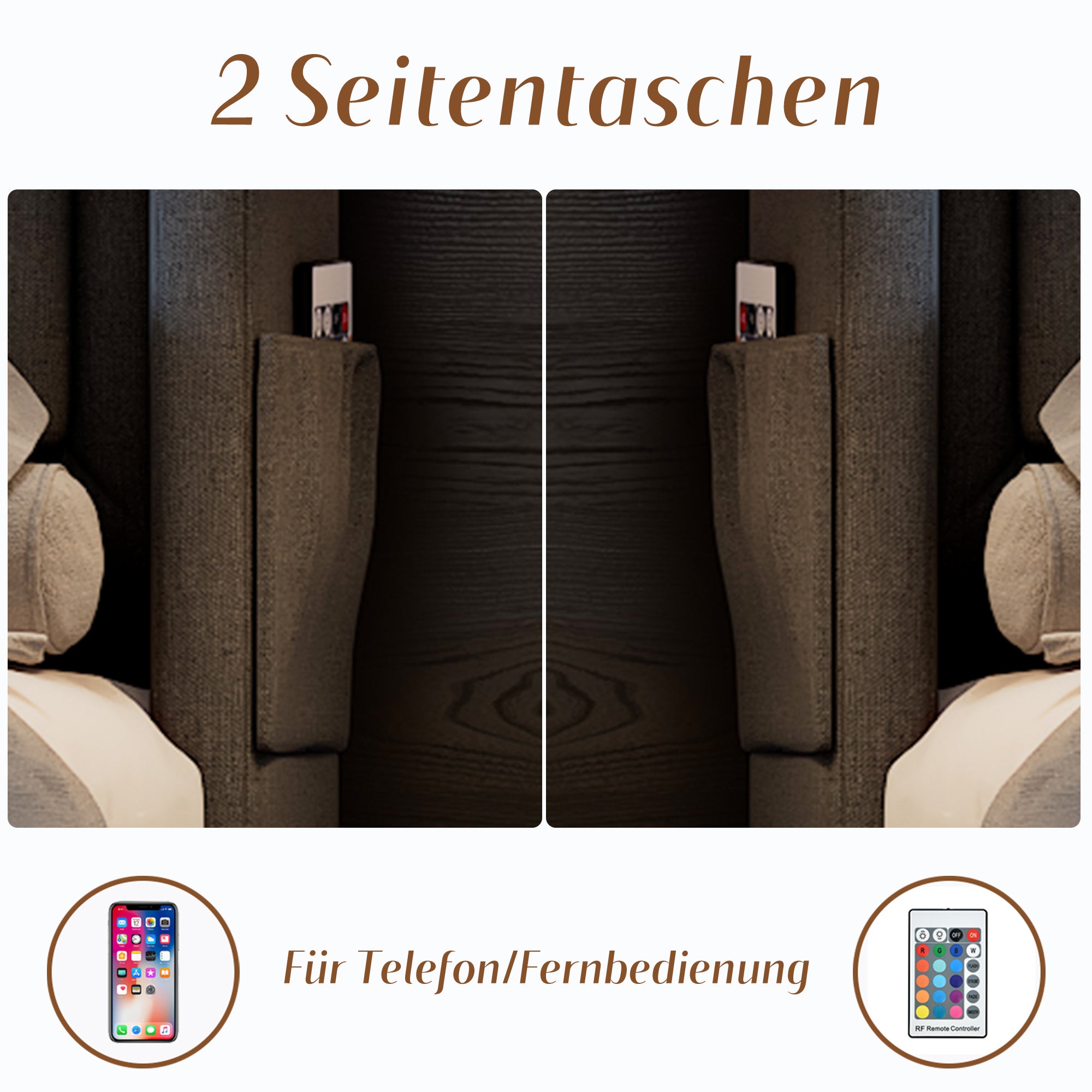 Upholstered Bed 160x200 Double Storage LED/USB-C 4-Drawer, Grey Cotton