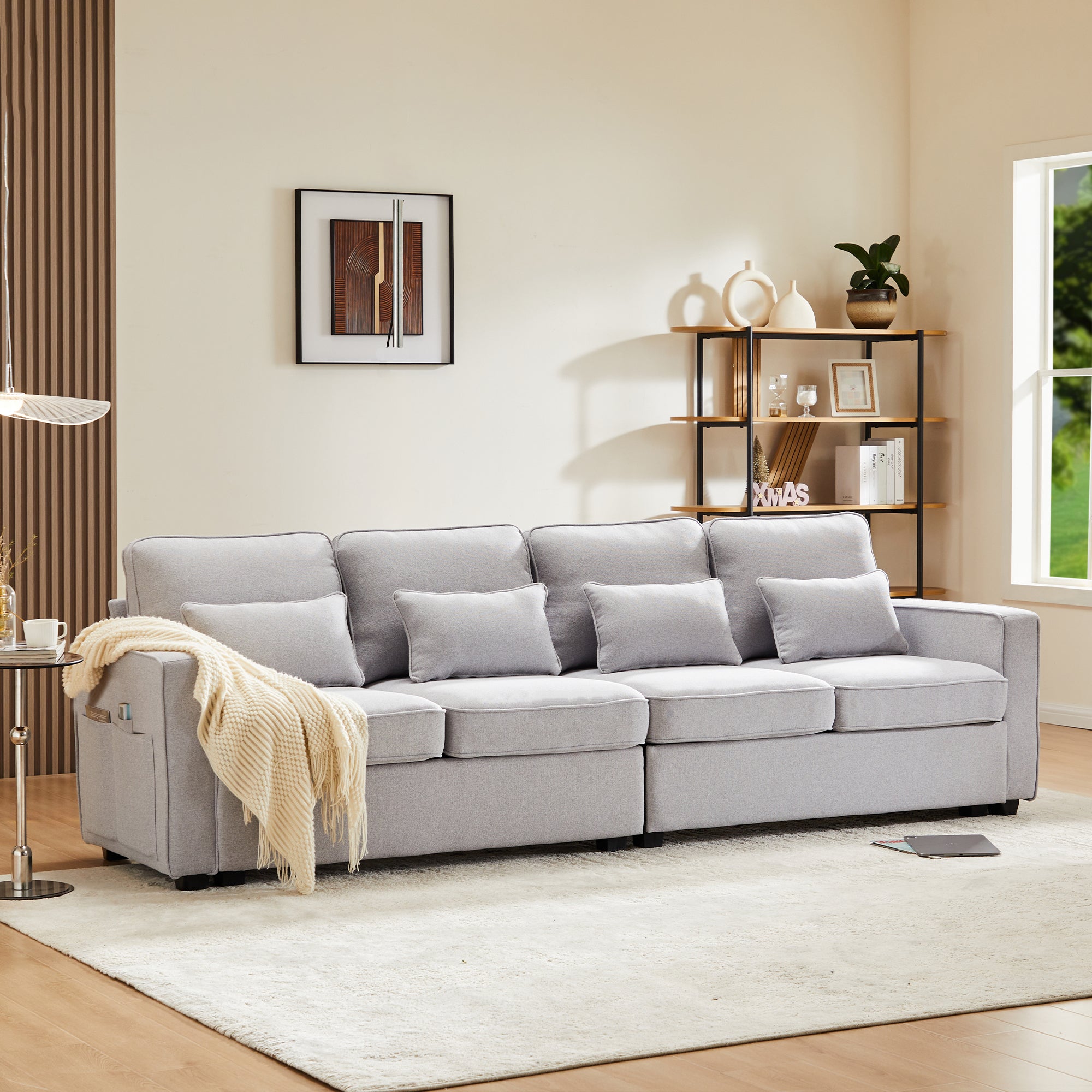 Sofa, 4-Seater with Armrest Pockets & 4 Pillows, Linen Fabric