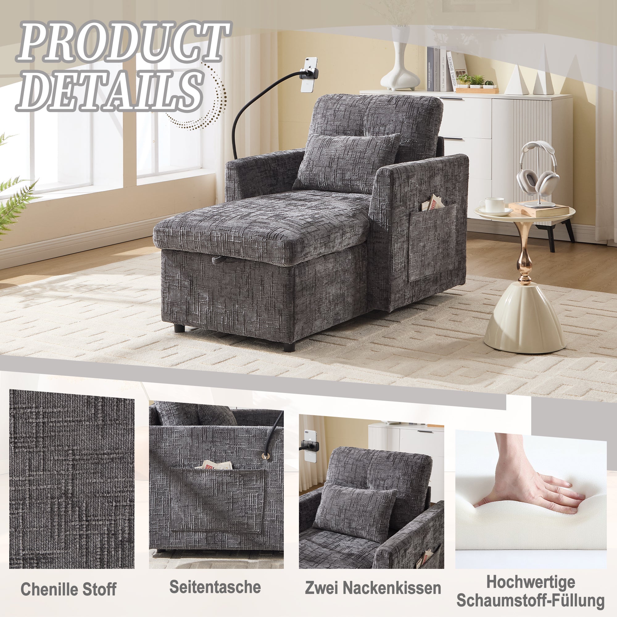 Multifunctional Reclining Sofa, Lounge Chair Mobile Holder, Chenille Armchair