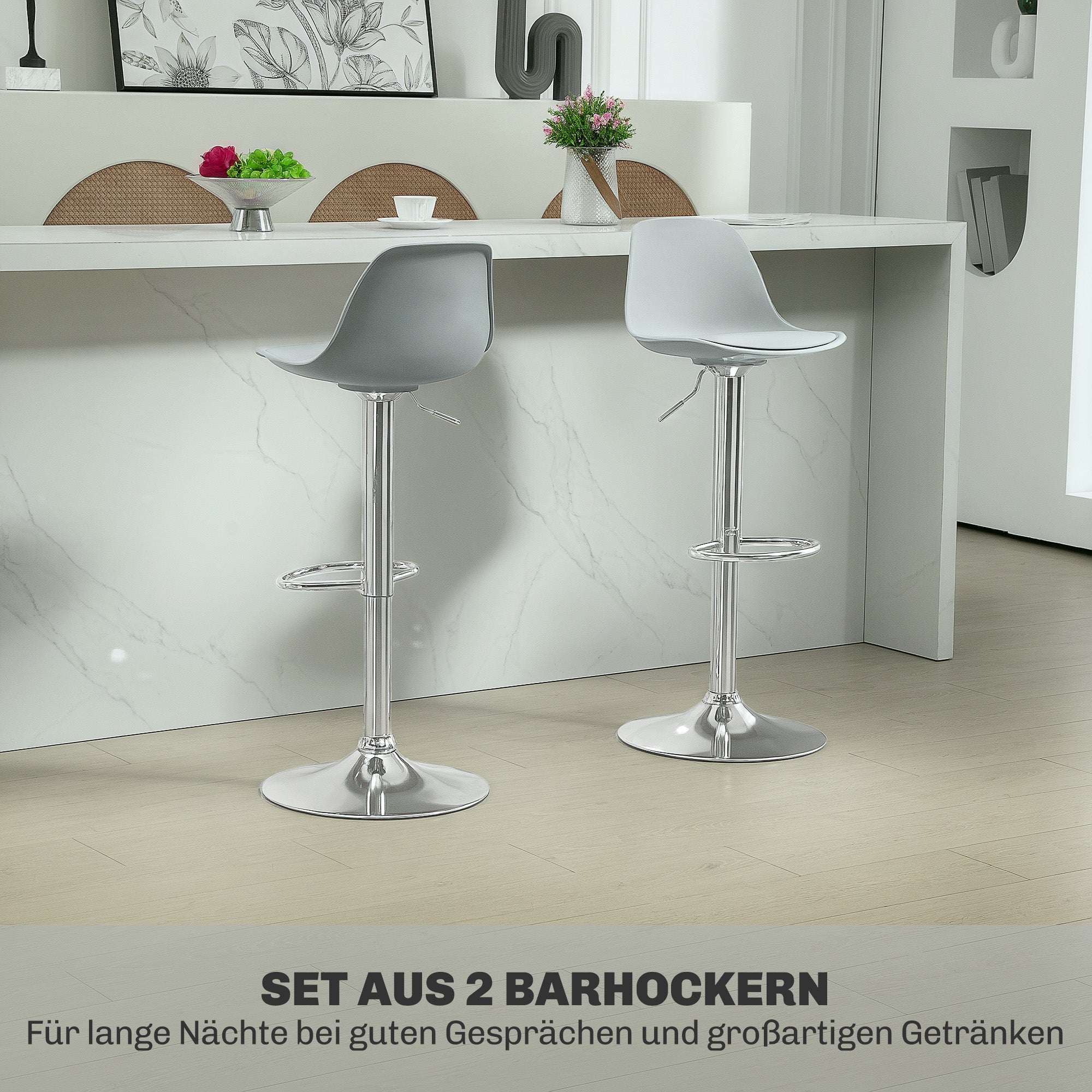 Bar Stool Set of 2, Padded with Steel Frame, Height-Adjustable, Faux Leather Grey