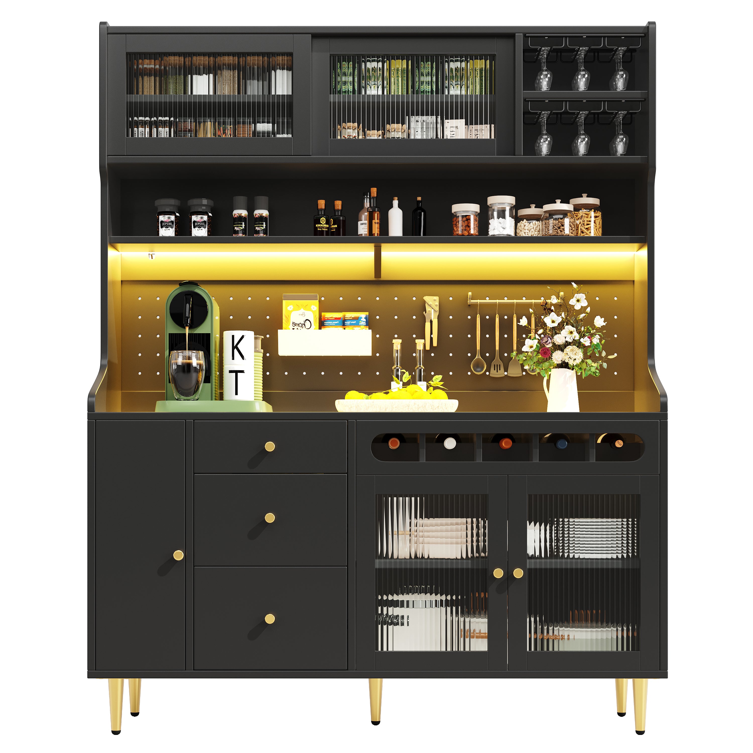 Tall Cabinet Adjustable Shelves LED Lighting Wine Rack Black